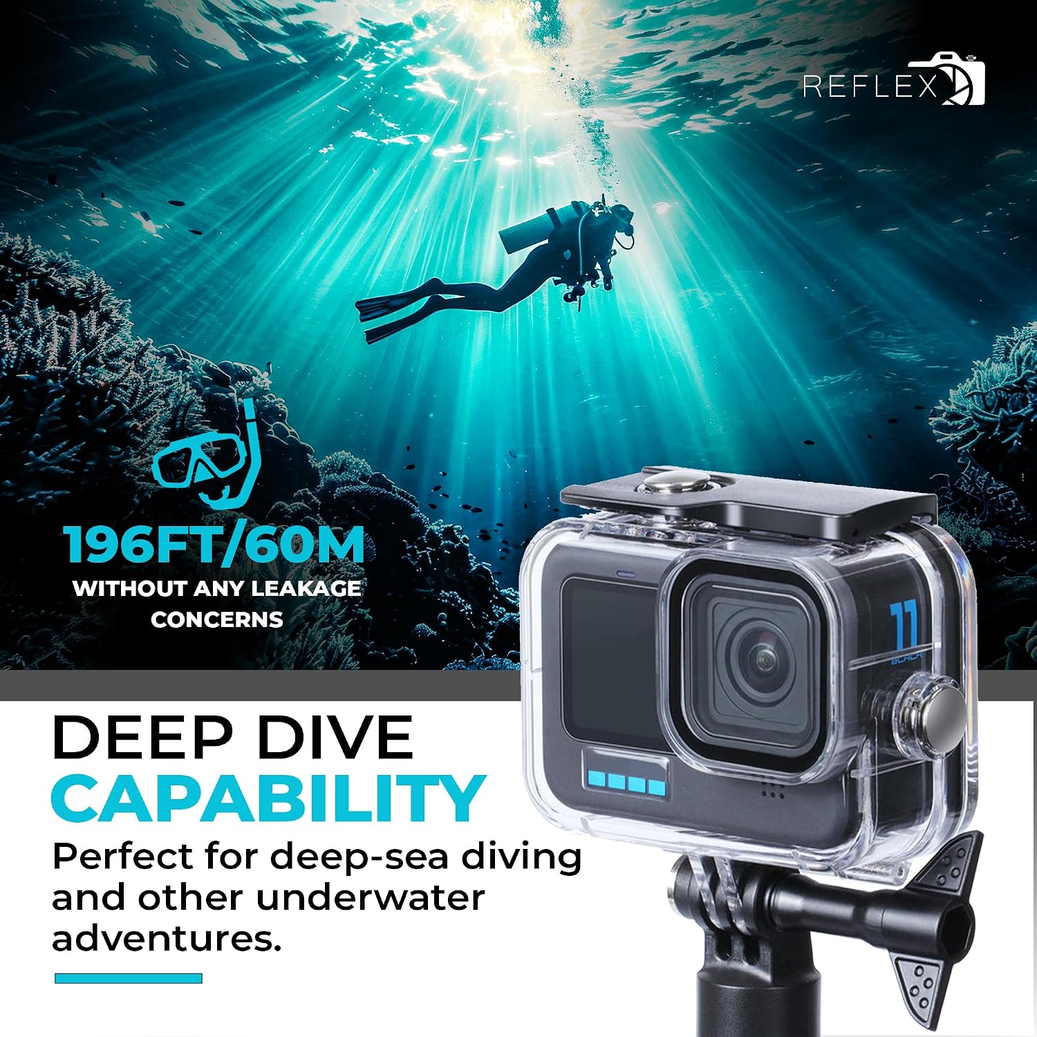 REFLEX CAMERA Underwater Dive Case for Go Pro Hero 13 12 11 10 9 upto 60M/198ft Water Depth Tested, Protective Clear Anti Fog Housing, a Perfect Gopro Accessory for Snorkeling, Swimming & Scuba Diving