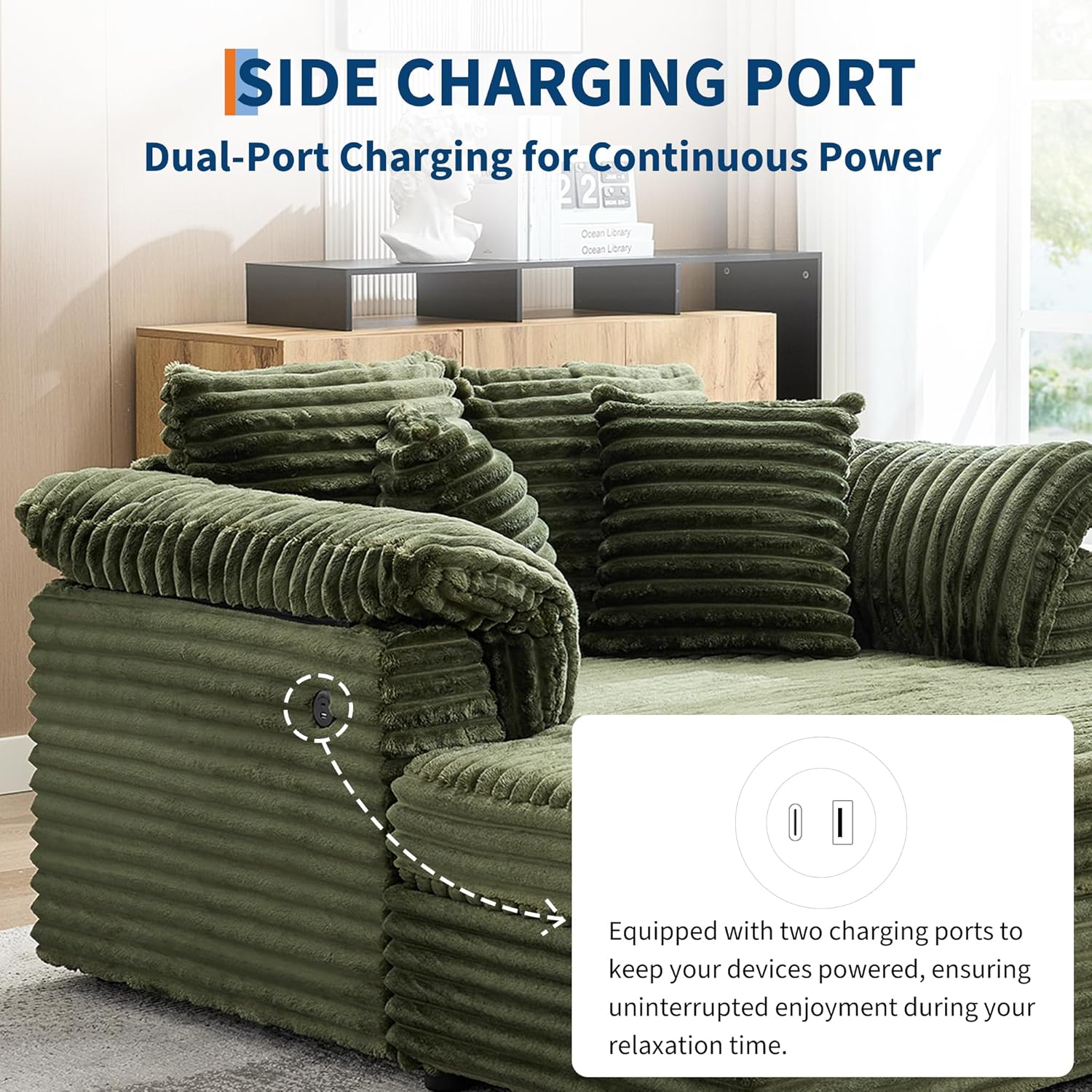 59" Oversized Chaise Lounge Chair Indoor, Comfy Corduroy Cloud Sleeper Couch with USB Port, Throw Pillows and Supportive Armrests, Recliner Bed for Living Room, Movie Room, Bedroom,Green