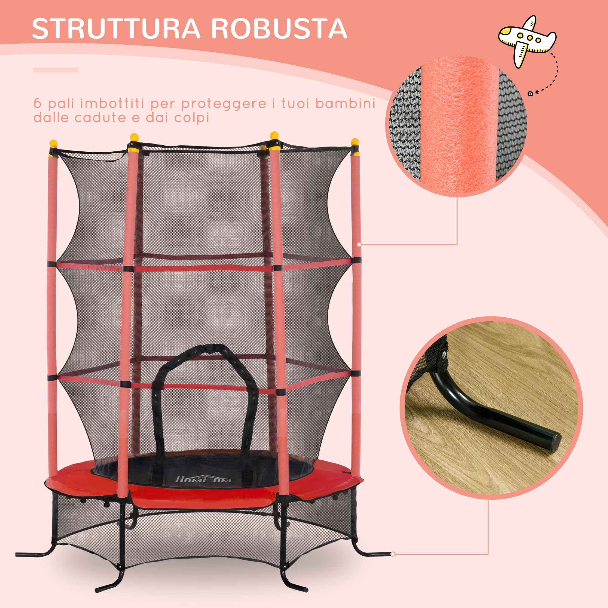 HOMCOM Trampolino Elastico per Bambini con Rete di Sicurezza, Tappeto Elastico con Pali Imbottiti per Interno ed Esterno, Età 3-10 Anni, Ø163x163/190 cm