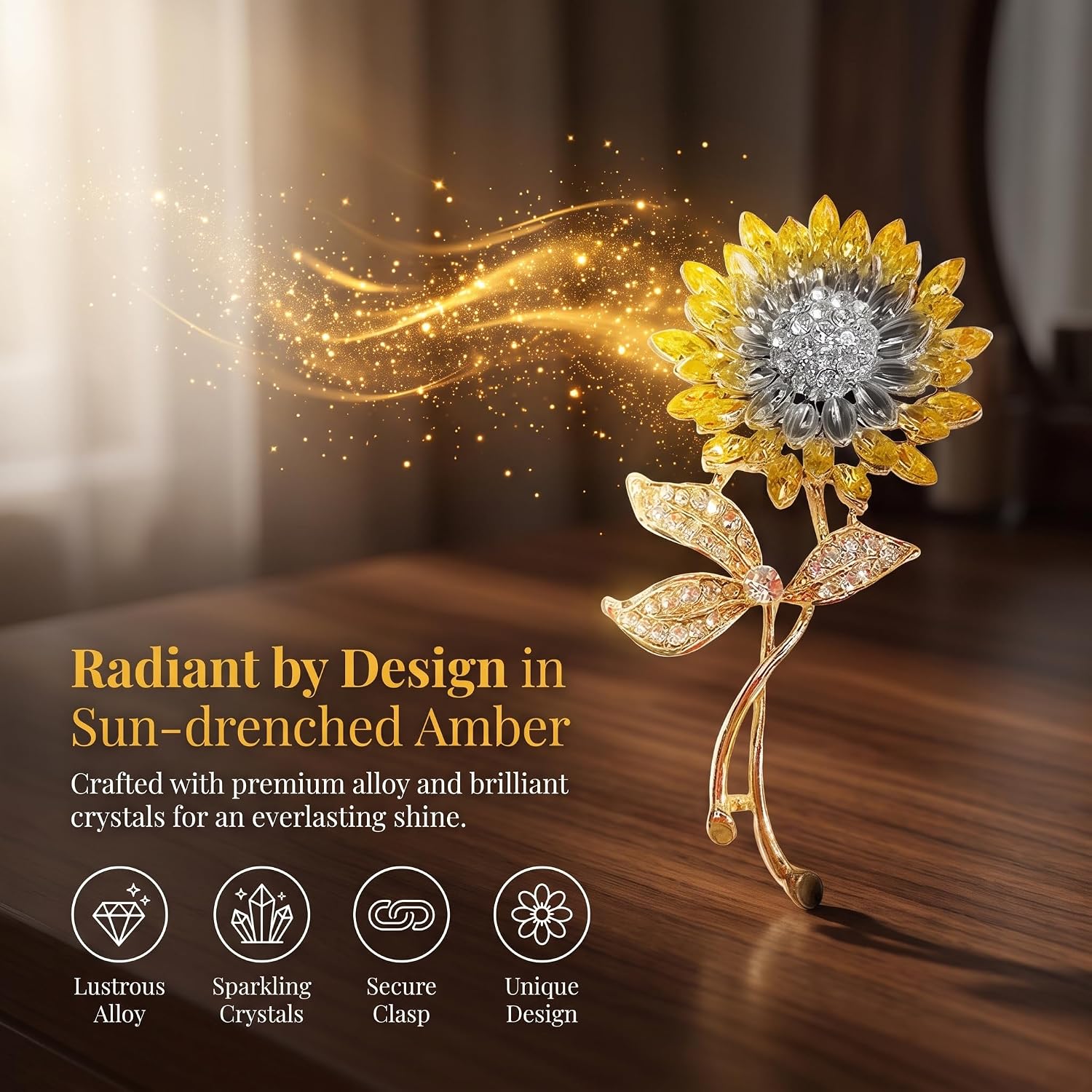 Gold Tone Sunflower Brooch Pin for Women, Rhinestone Crystal Flower Brooch, Elegant Floral Jewelry Pin for Dresses, Scarves, Coats, Hats, Bags, Wedding Party Gifts