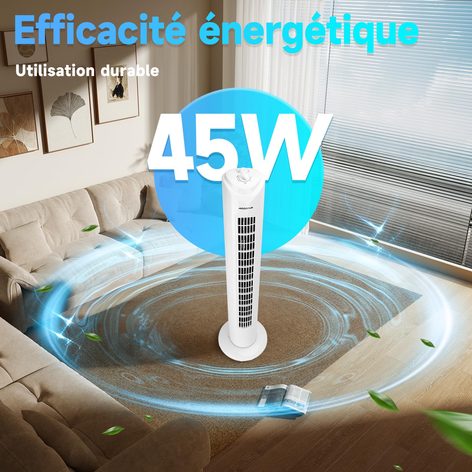 Aigostar Ventilateur Colonne Silencieux 81CM, 3 Vitesses,Oscillation 70°, Minuteur 2H, Blanc,Ventilateur Tour Puissant 45W,Économique pour Salon Bureau Chambre -Benson White