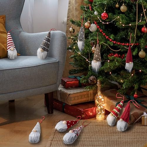 Miniatura 5 de Gnomos de felpa para árbol de Navidad, adornos de Navidad colgantes hechos a mano, gnomos Tomte, escandinavos, elfos de Papá Noel, juego de 10