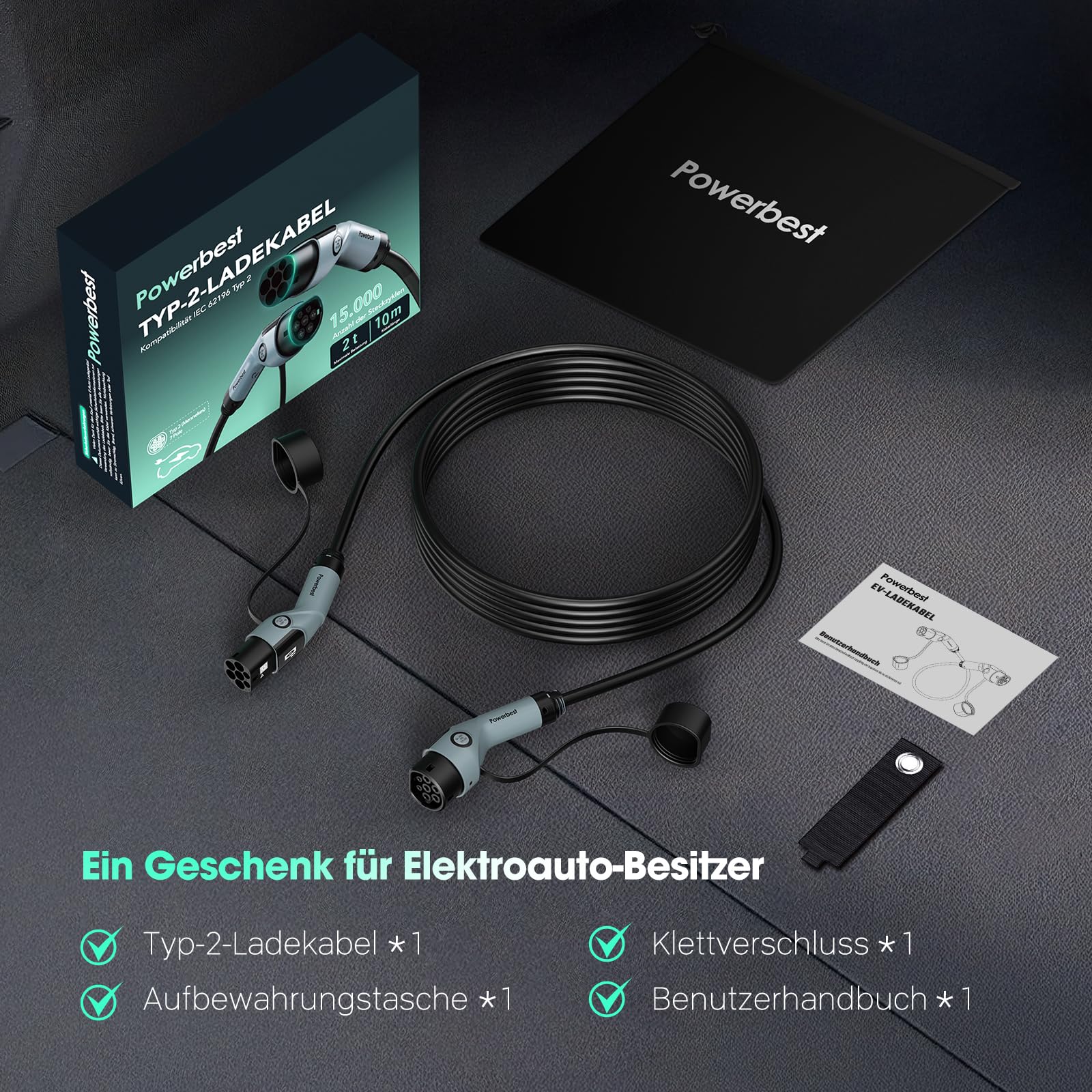 Typ-2-Ladekabel, 22KW 10M 32A Dreiphasiges E-Auto-Ladekabel Typ 2 auf Typ 2 Mode 3 für Elektro- und Hybridfahrzeuge – Kompatibel mit Model S/3/X/Y, e-Golf, ID.3, i3/i8