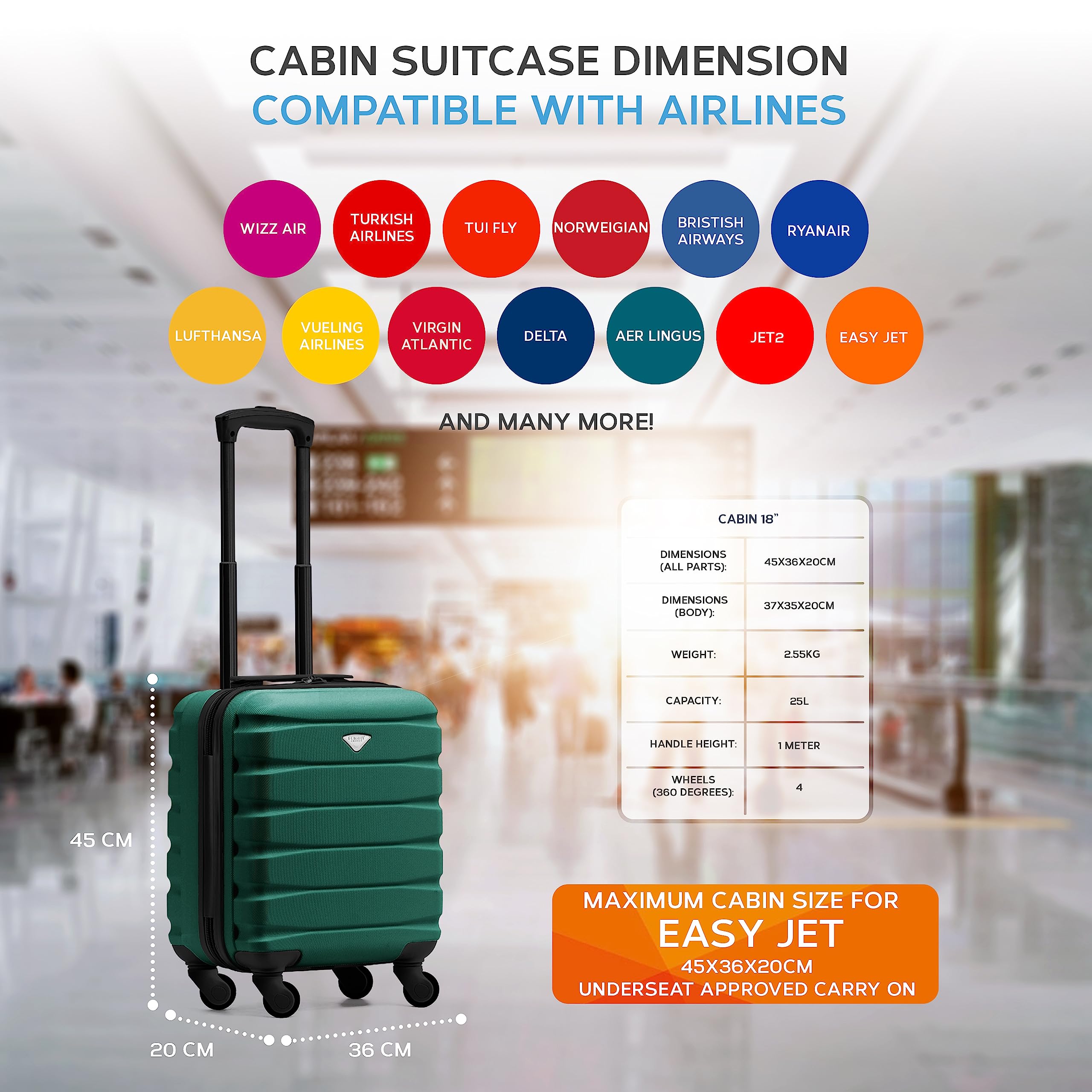 Flight Knight EasyJet Cabin Bag 45x36x20, Underseat, Lightweight Small Durable 4 Wheel Cabin Suitcase, Maximum Carry-On Size, ABS Hard Shell, 10kg Hand Luggage Bag- 45 x 36 x 20 cm Travel Bag