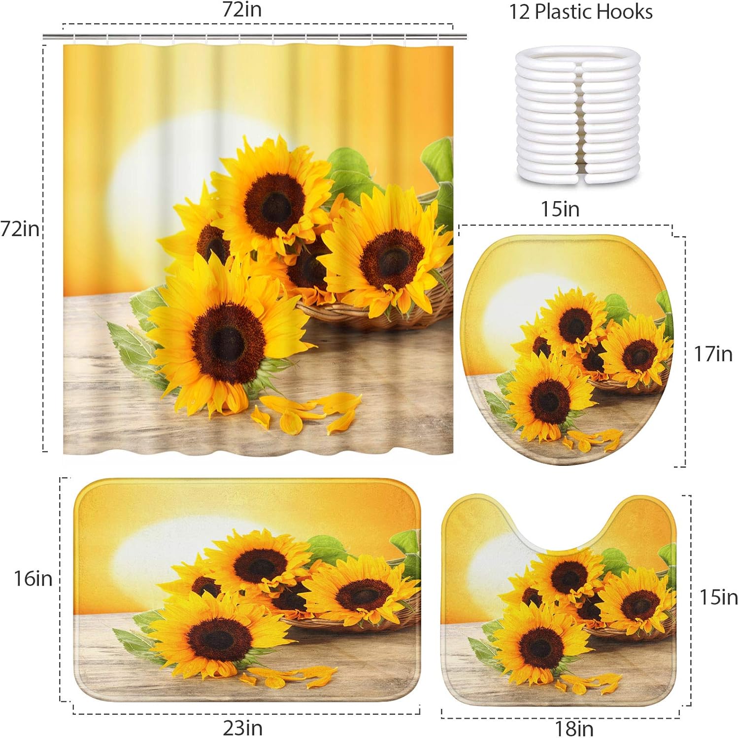 Britimes 4 Piece Shower Curtain Sets, with 12 Hooks, Summer Sun Sunflower with Non-Slip Rugs, Toilet Lid Cover and Bath Mat for Bathroom Decor Set, 72" x 72"