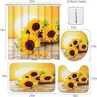 Vista 2 de Britimes Juego de cortinas de ducha de 4 piezas, con 12 ganchos, girasol de sol de verano con alfombras antideslizantes, cubierta de tapa de inodoro