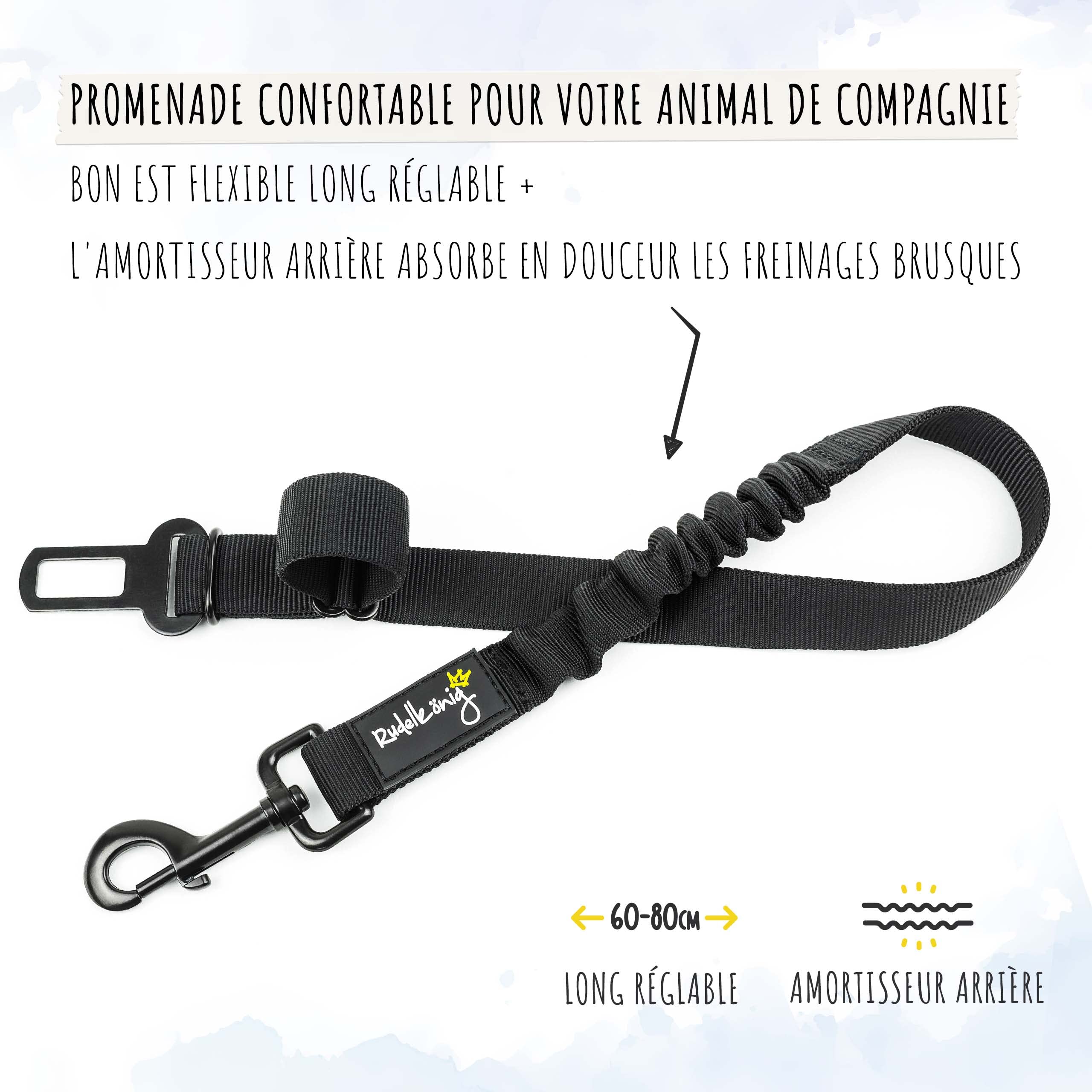 Rudelkönig Ceinture Chien Voiture - Réglable 60-80cm - Harnais Voiture - Ceinture sécurité - Ceinture Chien - Protection pour Toutes Les Races
