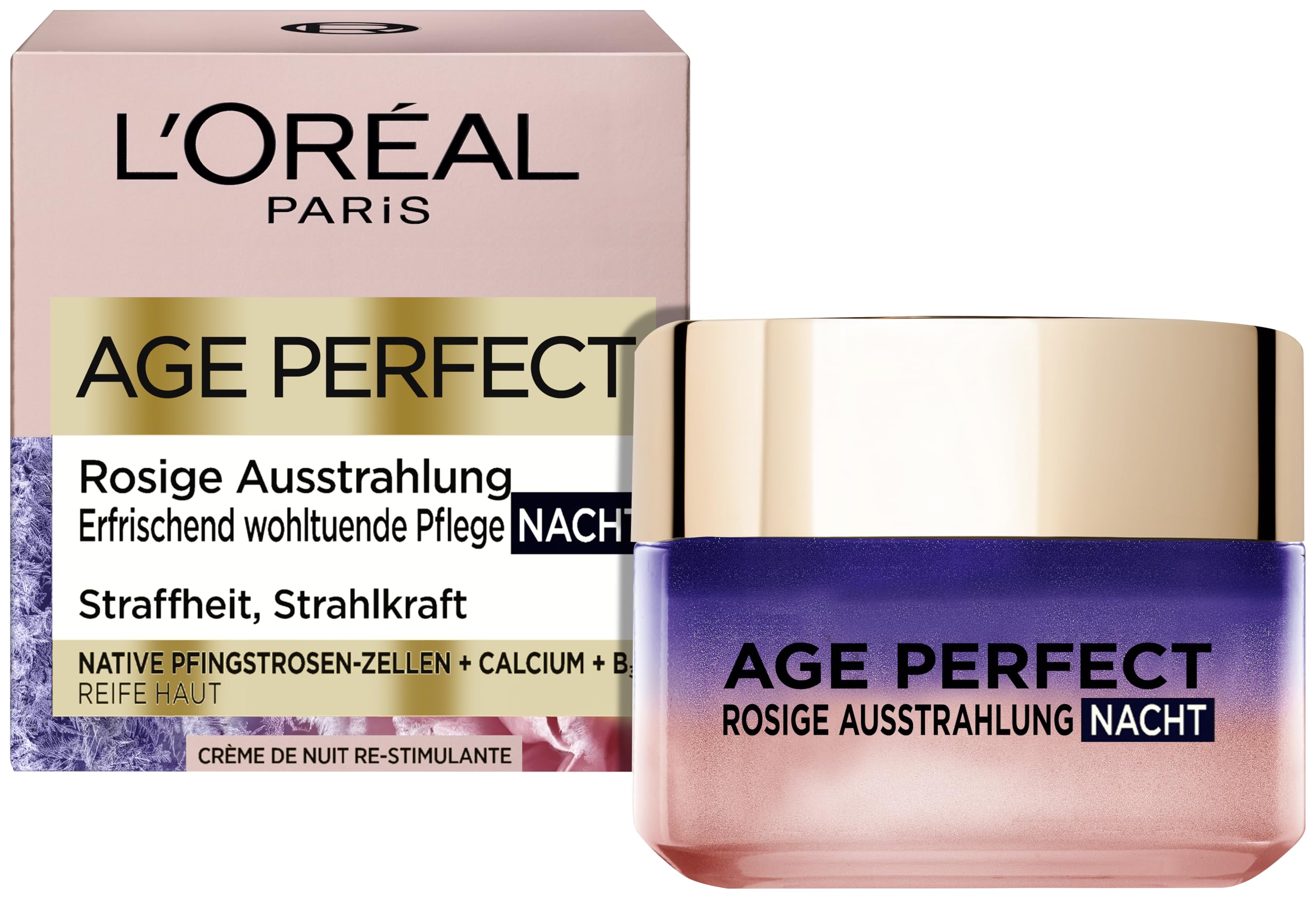 L'Oréal Paris Kühlende Nachtpflege für Frauen: für eine ebenmäßige & strahlende Haut & rosig frische Ausstrahlung mit Pfingsrosen-Zellen, Calcium und Vitamin B3 & LSF 20, Age Perfect Golden Age1x 50ml
