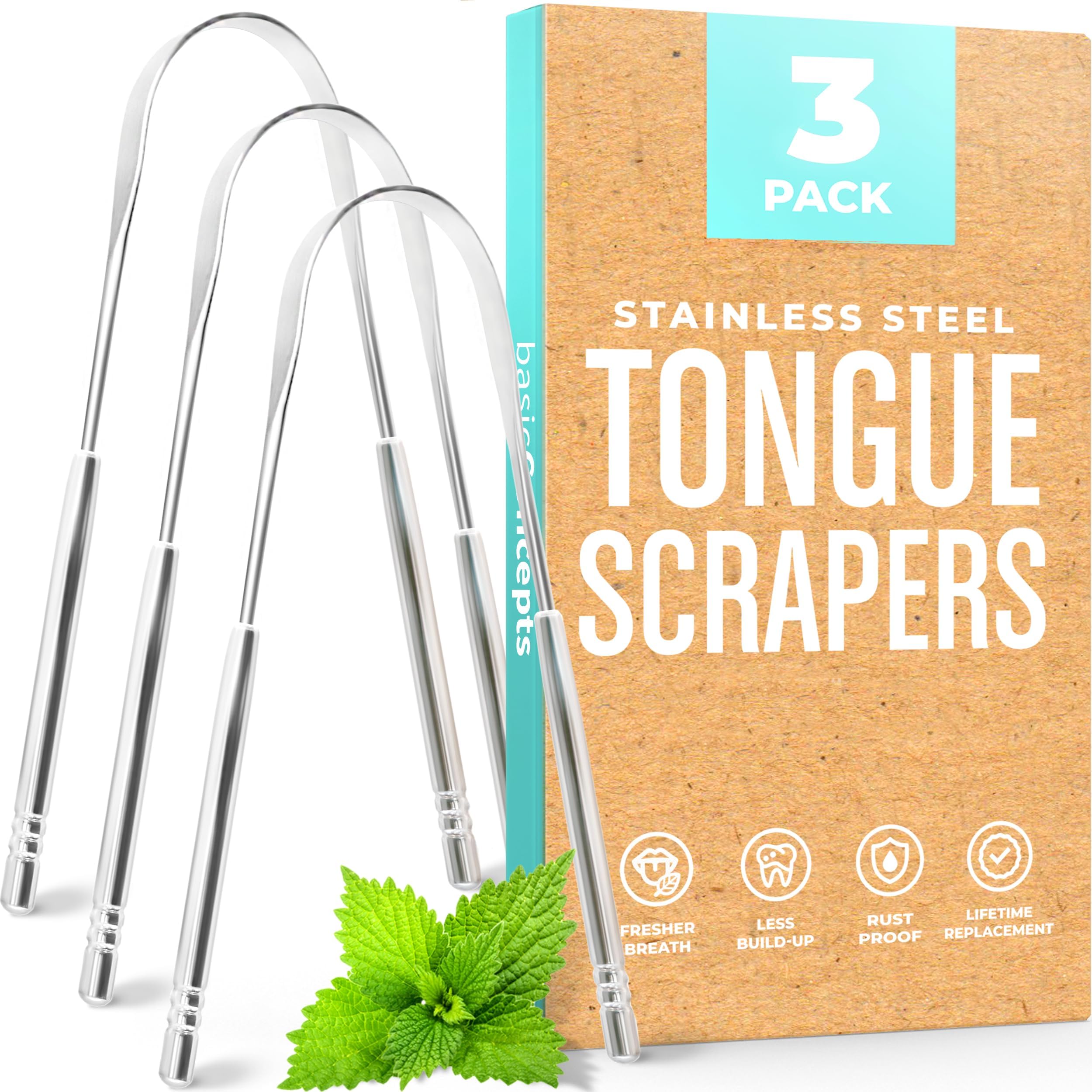 Mouthology Tongue Scraper for Adults (3 Pack) - Improved Tongue Cleaning & Fresh Breath, Stainless Steel Tongue Scraper, Metal Tongue Scraper, Tongue Sweeper Kids Tongue Scraper, Ayurvedic