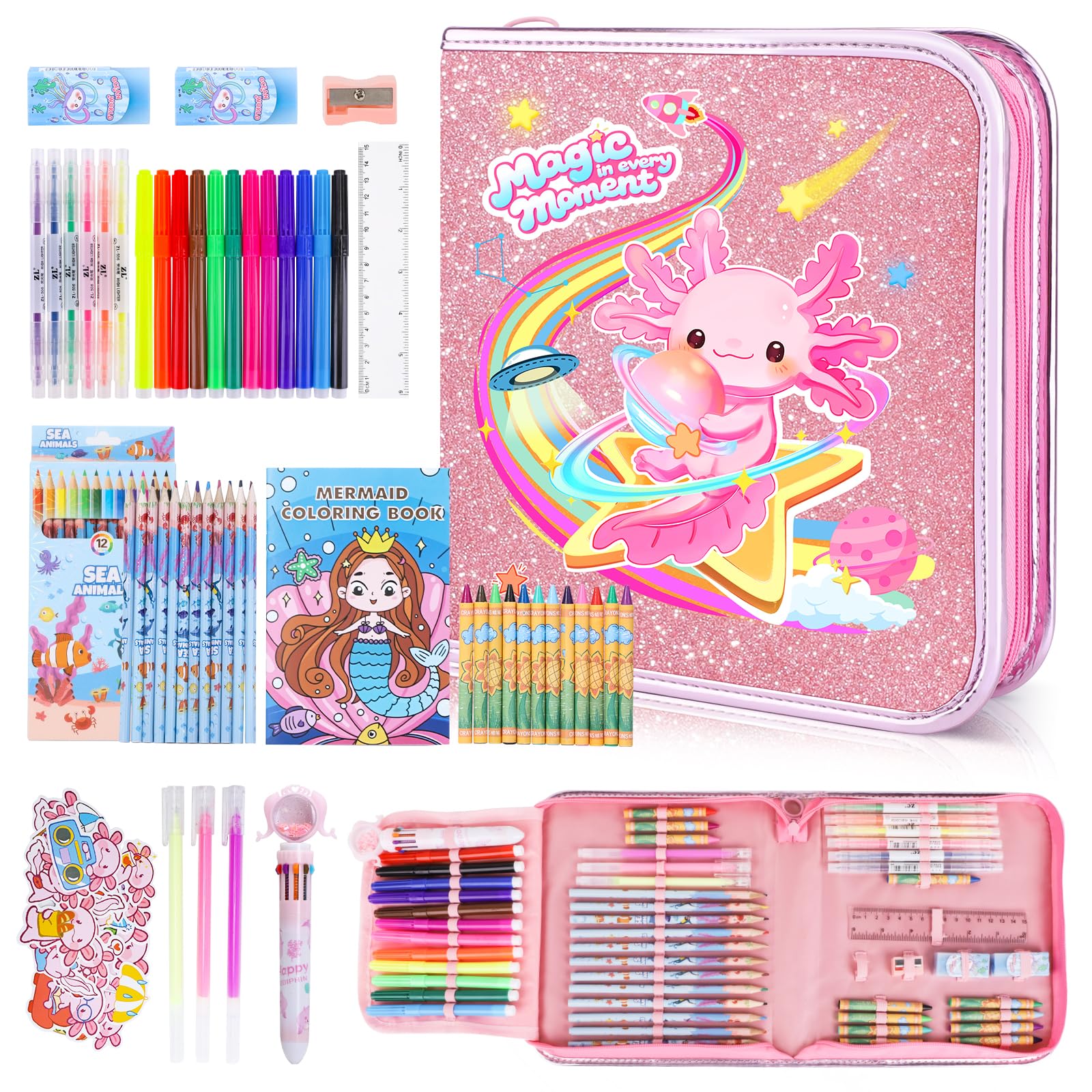 JYPS Maletin Pinturas para Niños, 73 Piezas Axolotl Lavable Artísticos Pinturas con Libro para Colorear, Rotuladores, LáPices De Colores, Ceras, Viajes Estuche Dibujo Kit Regalo Niña 3 4 5 6 7 8 Años
