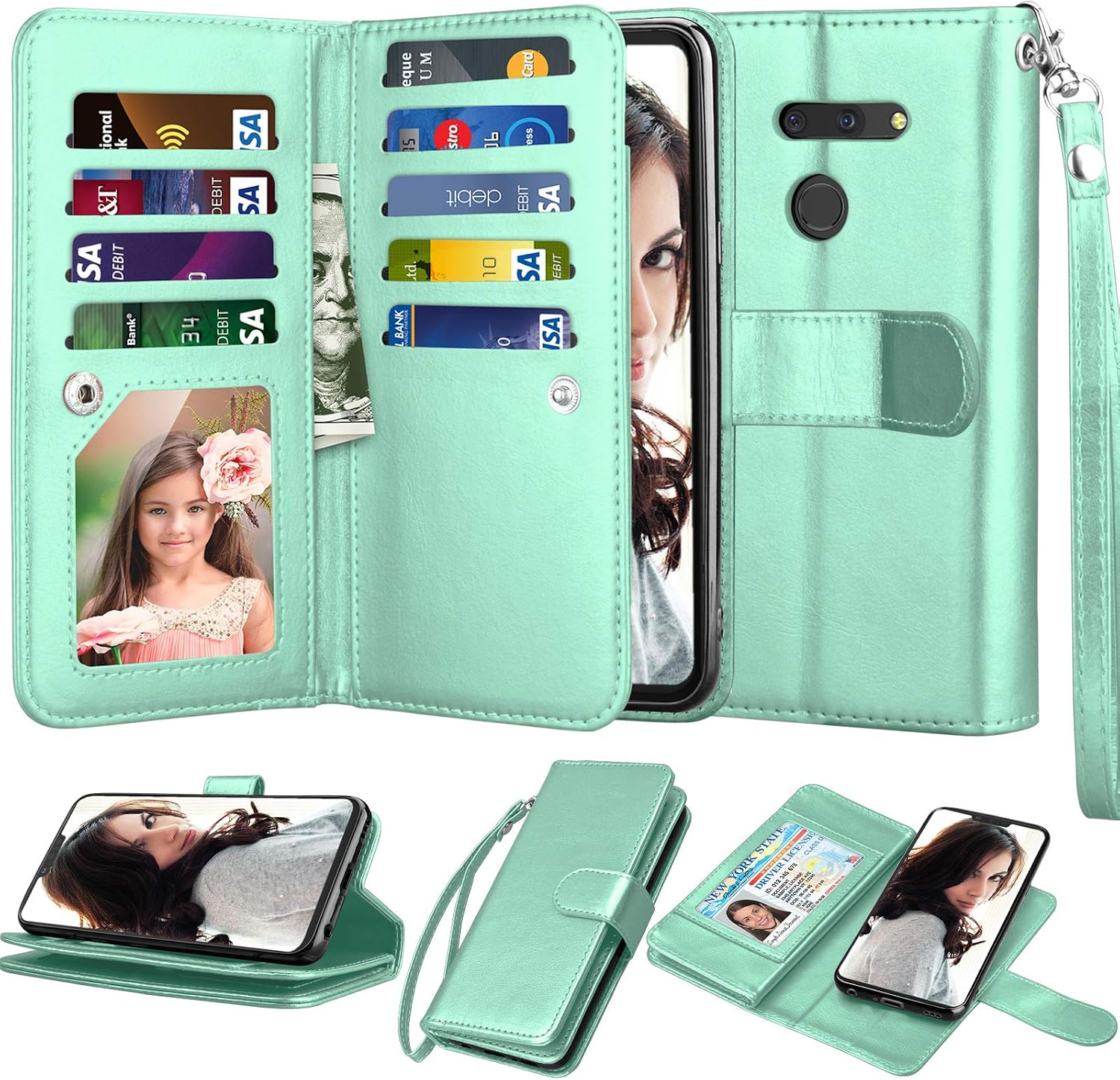 NJJEX Compatible with LG G8 ThinQ Case/LG G8/ LG G8 ThinQ Wallet Case, [9 Card Slots] PU Leather ID Credit Holder Folio Flip Cover [Detachable][Kickstand] Magnetic Phone Case & Wrist Strap [Mint]