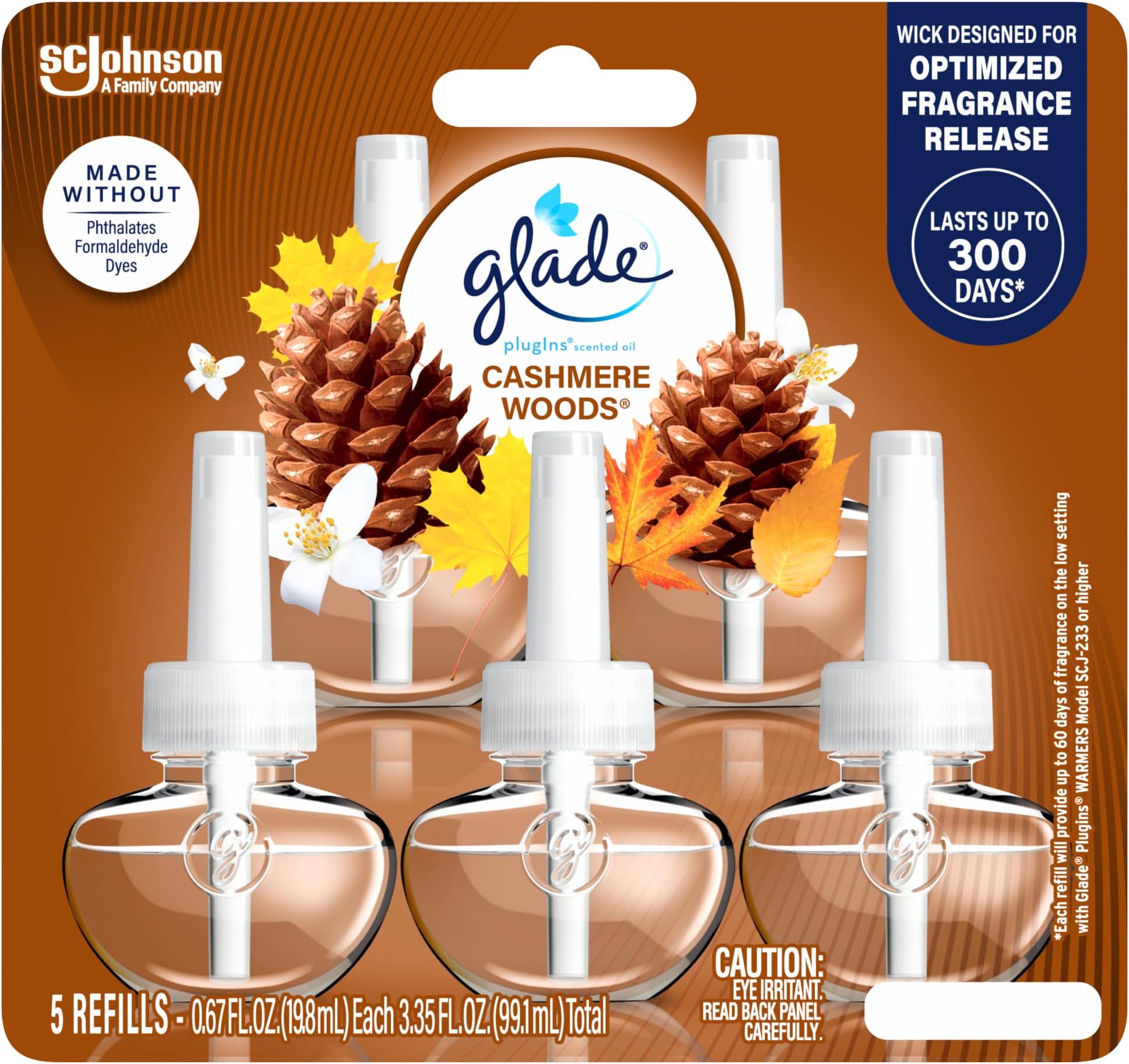 Glade PlugIns Refills Air Freshener, Scented and Essential Oils for Home and Bathroom, Cashmere Woods, 3.35 Fl Oz, 5 Count