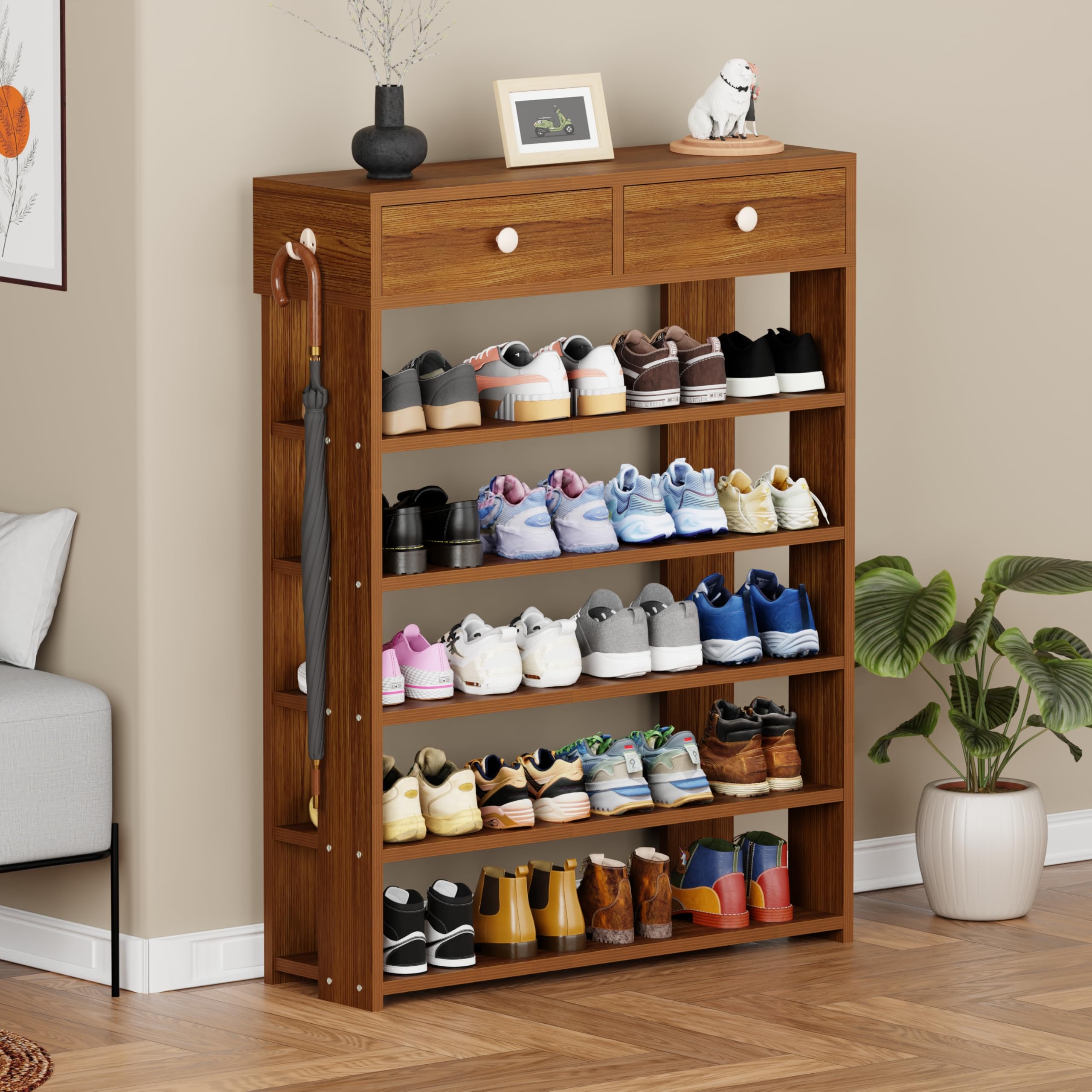 Lukzer SR-001 Oak Brown 5-Tier Shoe Rack with Storage Drawers | Engineered Wood Shoe Stand & Organizer | Freestanding Entryway Shoe Shelf for Home, Hallway, Bedroom | DIY Assembly - 92x21x70 cm