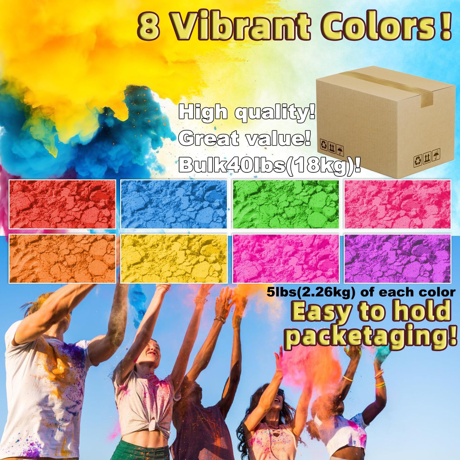 ARELUX Holi Colors Powder - 40 Pounds in Holi Bulk Color Run Powder for 100+ People,8 Pack of Smoke Powders 5 Pounds Each Multiple Uses for Activities,Gender Reveal,Fun Run,Photoshoot,Chalk,Color Wars Colorful-40pound
