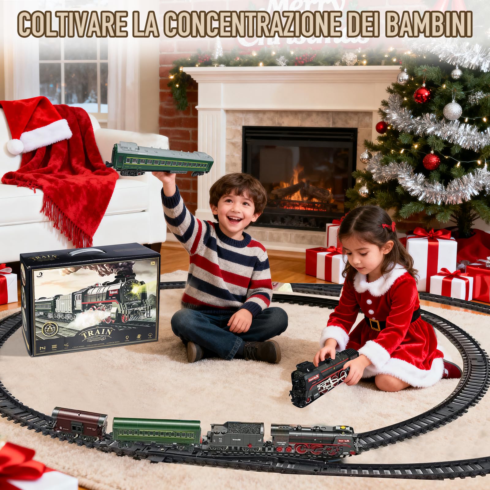 Trenino Elettrico per Bambini, Locomotiva, Locomotiva a Vapore Elettrica con Fumo Luminoso e Suono, Regali di Natale e Compleanno per Bambini