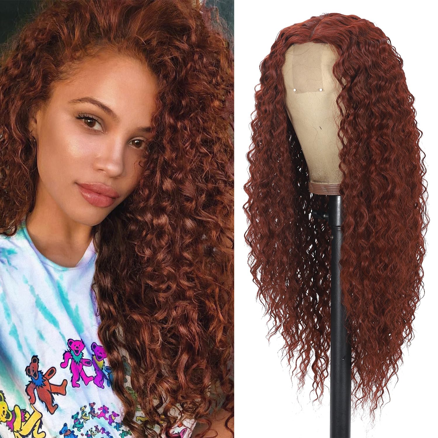 26” Copper Red Kinky Curly  Lace Front Wig *NEW* Lace Front Wig, Curly Wig, Human Hair Blend, 13X6 Free  main image 2
