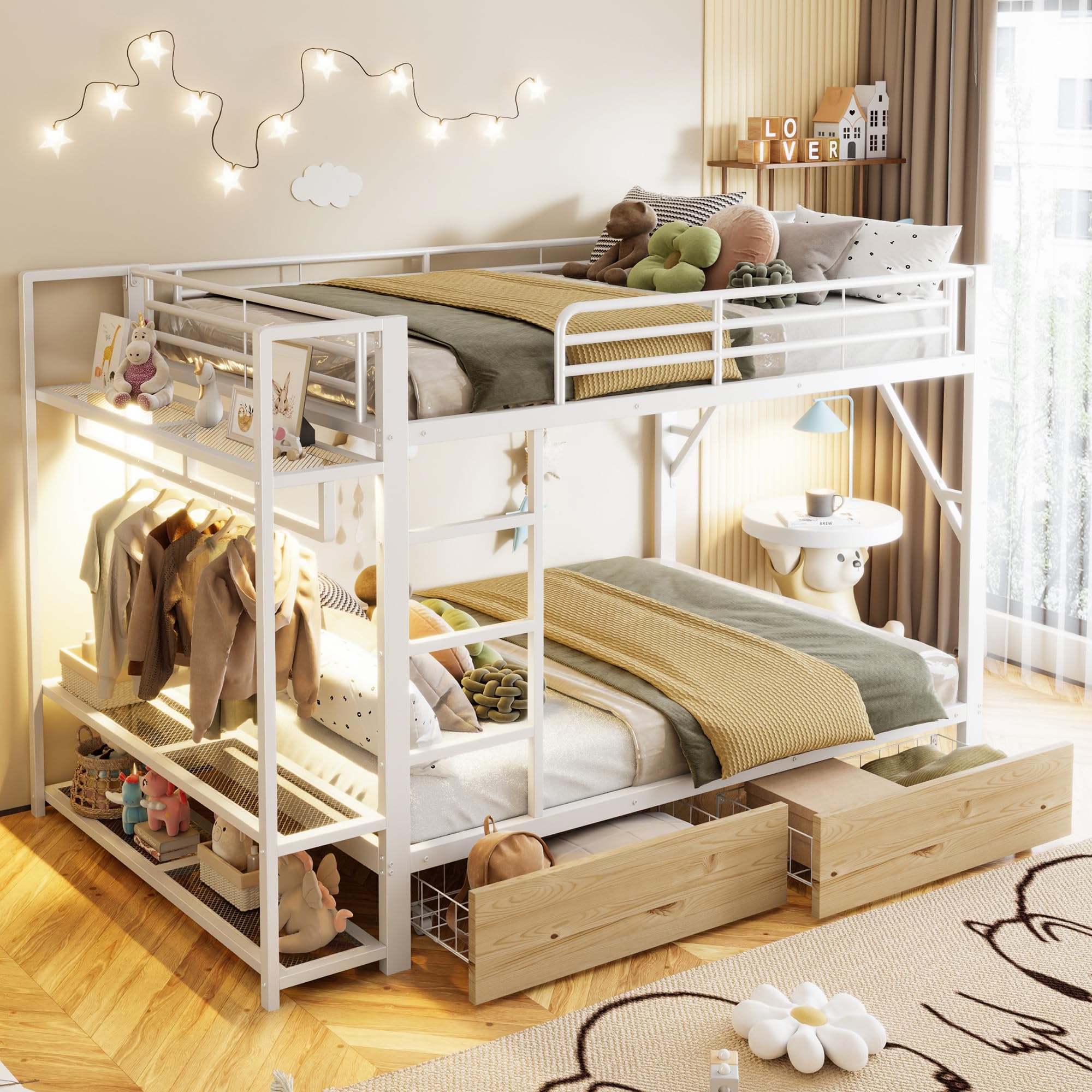 Letto a soppalco 140x200cm con striscia luminosa a LED e appendiabiti,metallo letto a castello con 2 cassetti e ripiani multipli,ferro letto matrimoniale,letti per ado,senza materasso,Bianco