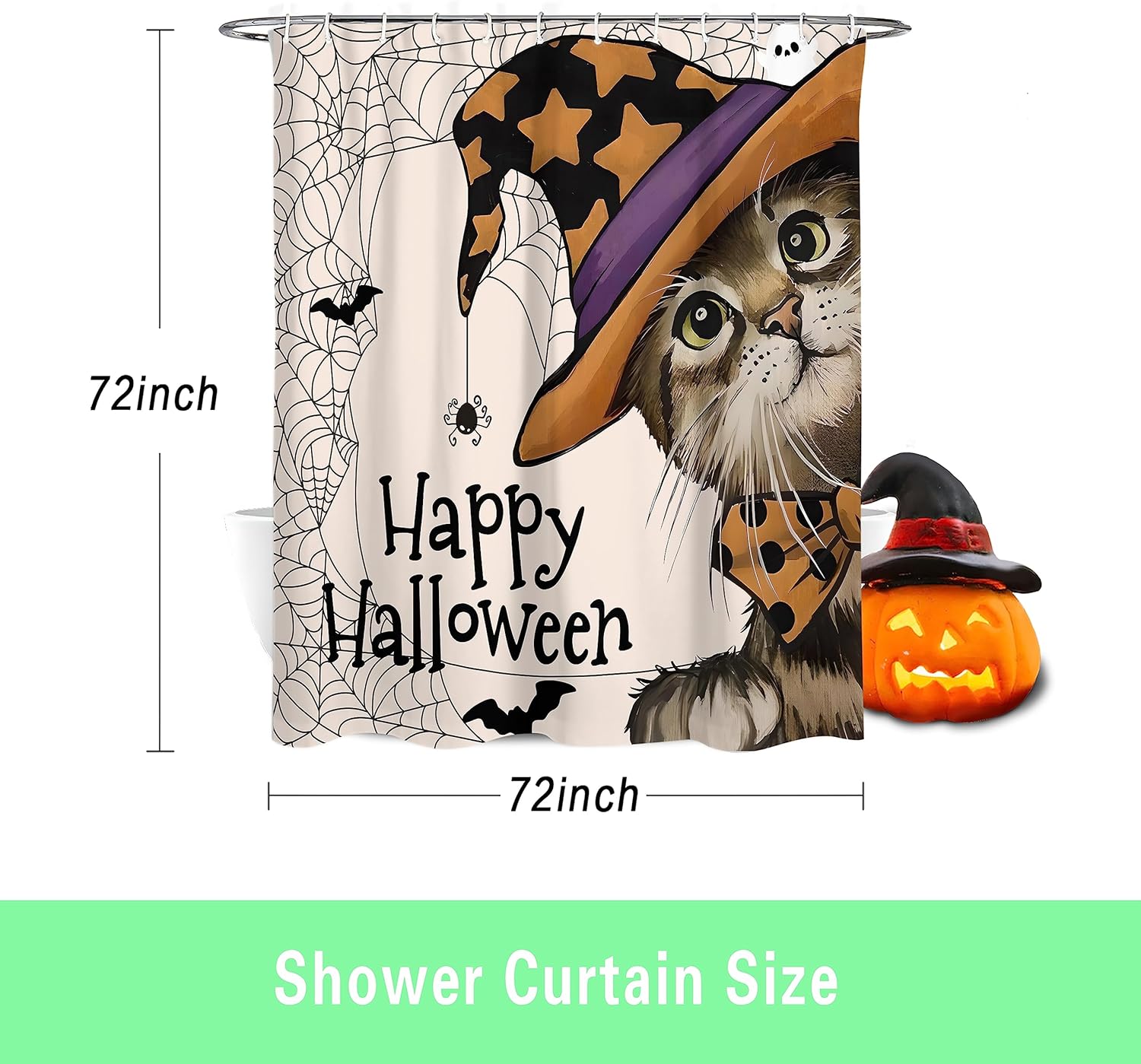 Happy Halloween Shower Curtain, Cat Curtains for Bathroom, Spooky Home Decor Waterproof Fabric with Hooks 72x72 Inch