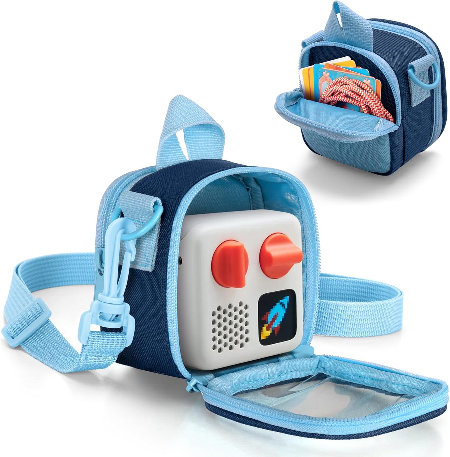 LoDrid Travel Case Compatible with Yoto Mini (2024 Edition), Audio Player Holder with Adjustable Shoulder Strap for Cards and Accessories, Blue, Bag Only