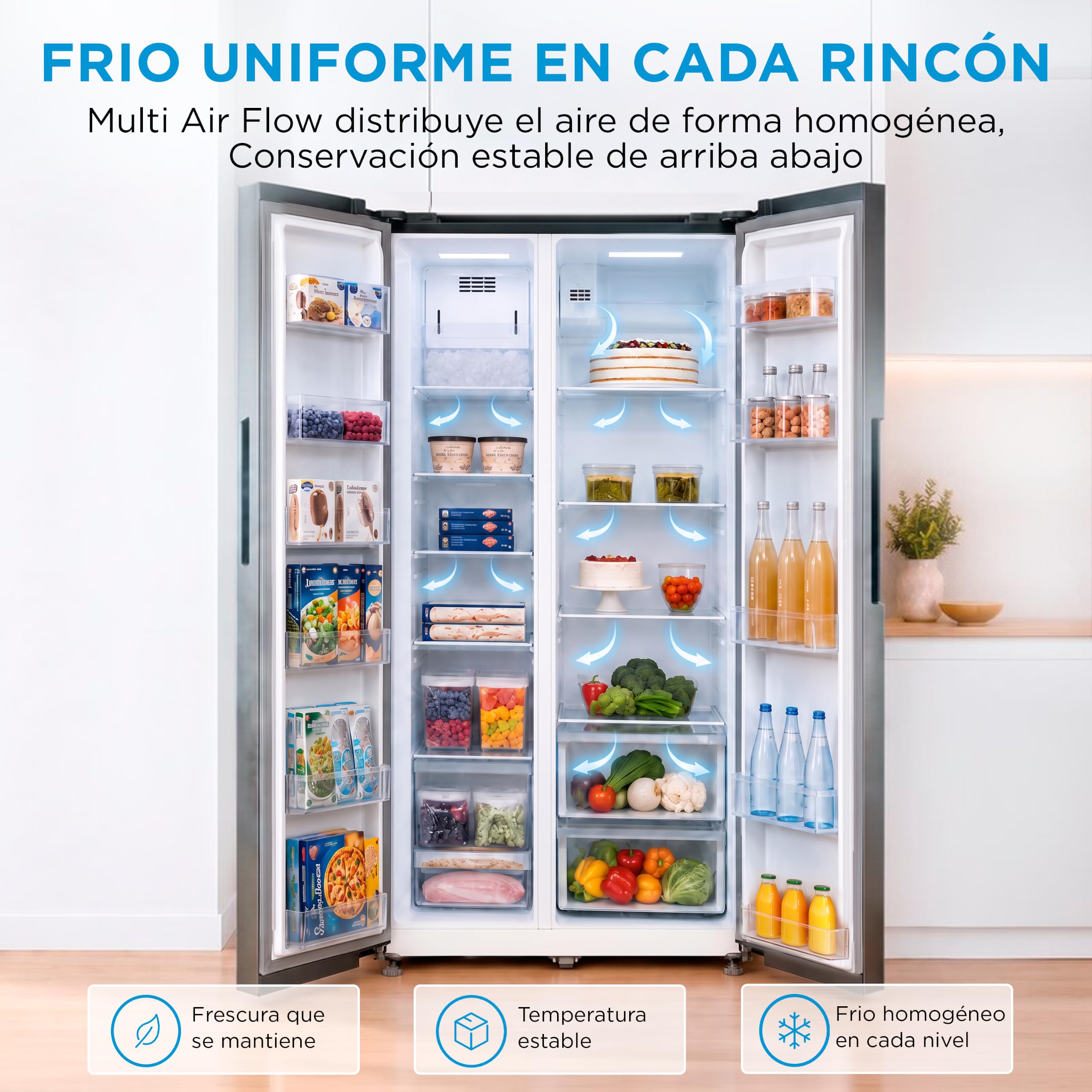 MIDEA Frigorifico Americano No Frost, 548L, 176 x 89,7 cm, Motor inverter | Nevera Americana con Congelador, Silencioso 35 db,Panel táctil, Multi air flow, Bajo consumo, Frigorifico combinado 3 modos