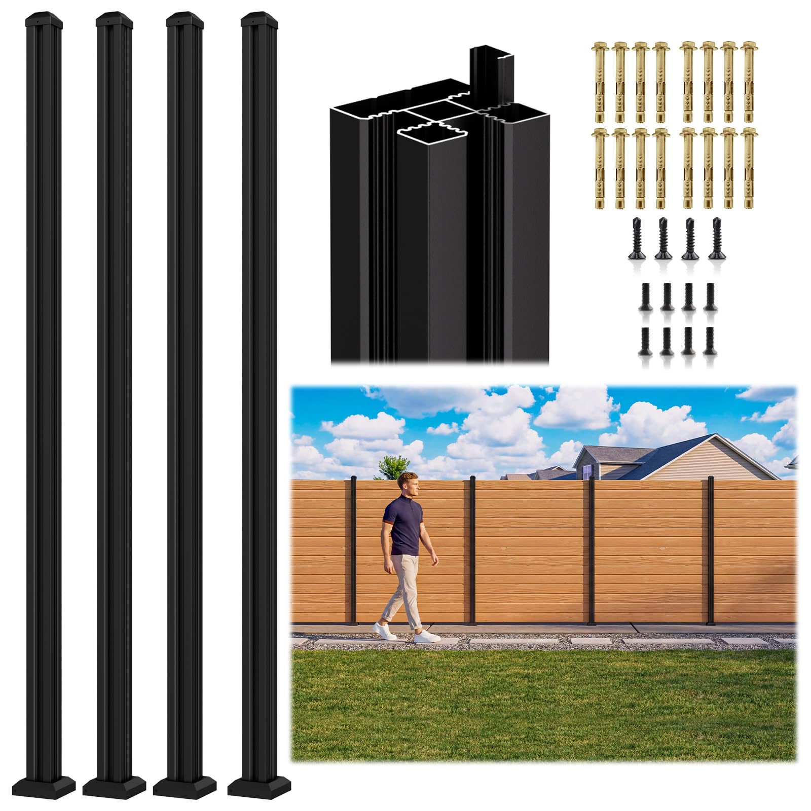 Photo 1 of 6FT 3-Way Aluminum Fence Post, 1.8mm Thick Walls & 10mm Base, Matte Black Wood Fence Post, Rustproof & Weather-Resistant for Outdoor Privacy Panels