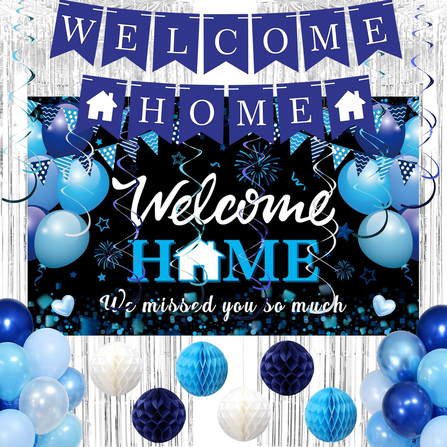 Welcome Home Banner Decorations,66PCS Black & Blue Party Decorations Banner Backdrop Balloon Hanging Swirl Honeycomb Centerpiece,Welcome Back Decorations Supplies for Homecoming Military Return