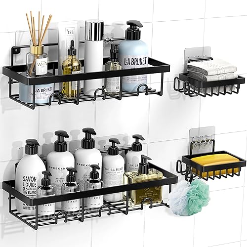 YAWSOUP 4 Pack Shower Caddy Organizer, Stainless Steel Shower Shelf with Hooks, Adhesive Bathroom Shelves for Storage and Organization, Black
