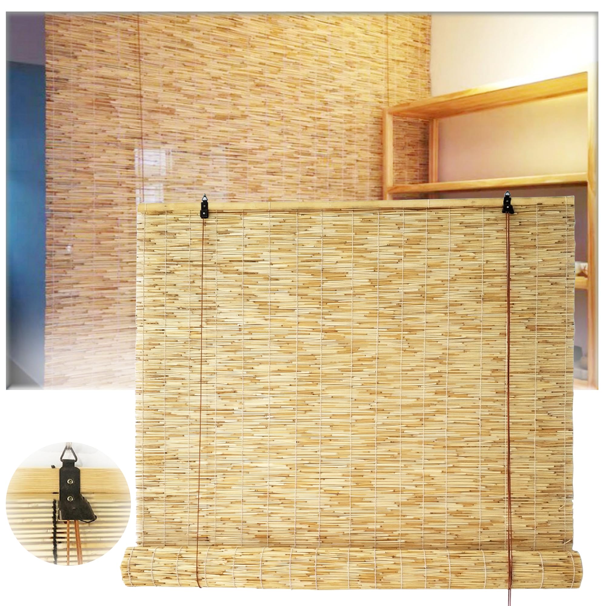 SSFMSF Hand-Woven Natural Reed Curtains, Lifter Bamboo Outdoor Shades Retro Lifting Type Reed Roll Up Shades, With Accessories for Outdoor Window Patio. (Size:95cmx170cm/37.40inx66.93in)