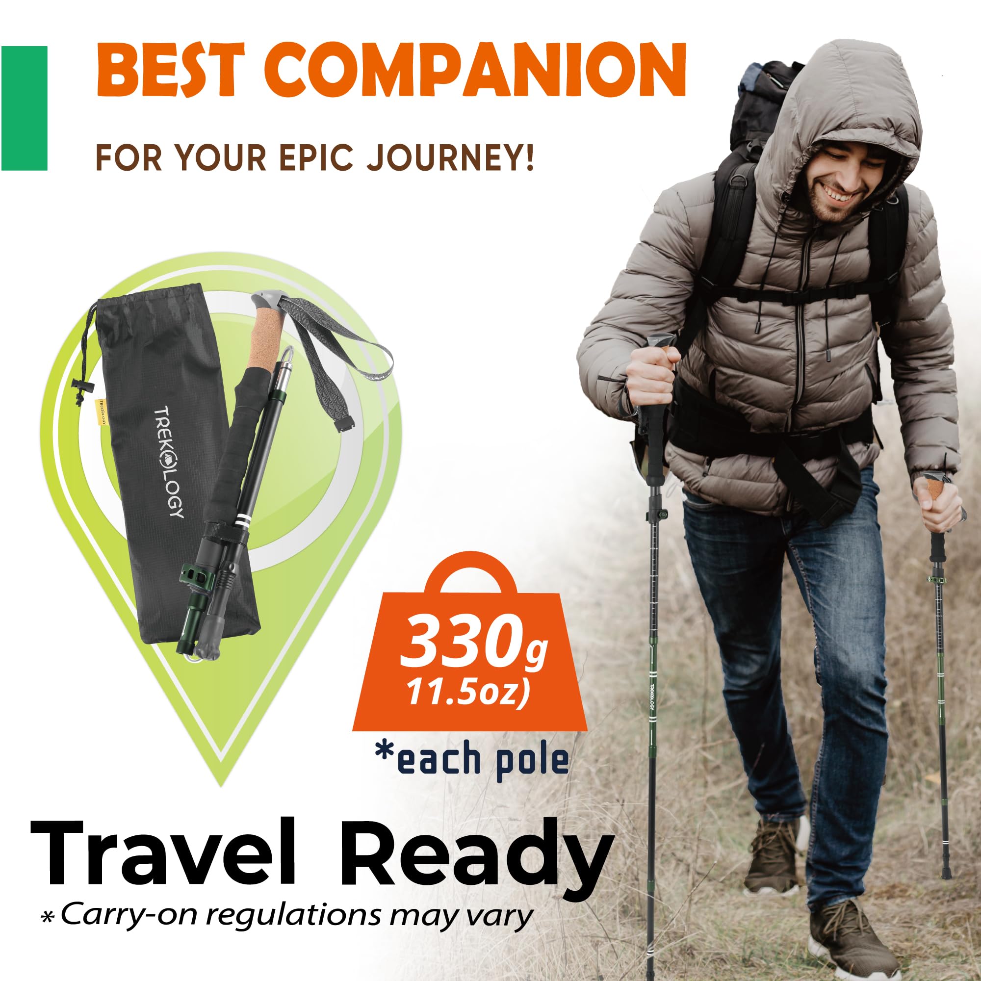 TREKOLOGY Trek-Z Cork Grip Trekking Poles – Lightweight Folding Hiking Poles, Adjustable Height, Compact Travel Design, Aircraft-Grade Aluminum Walking Sticks for Men & Women