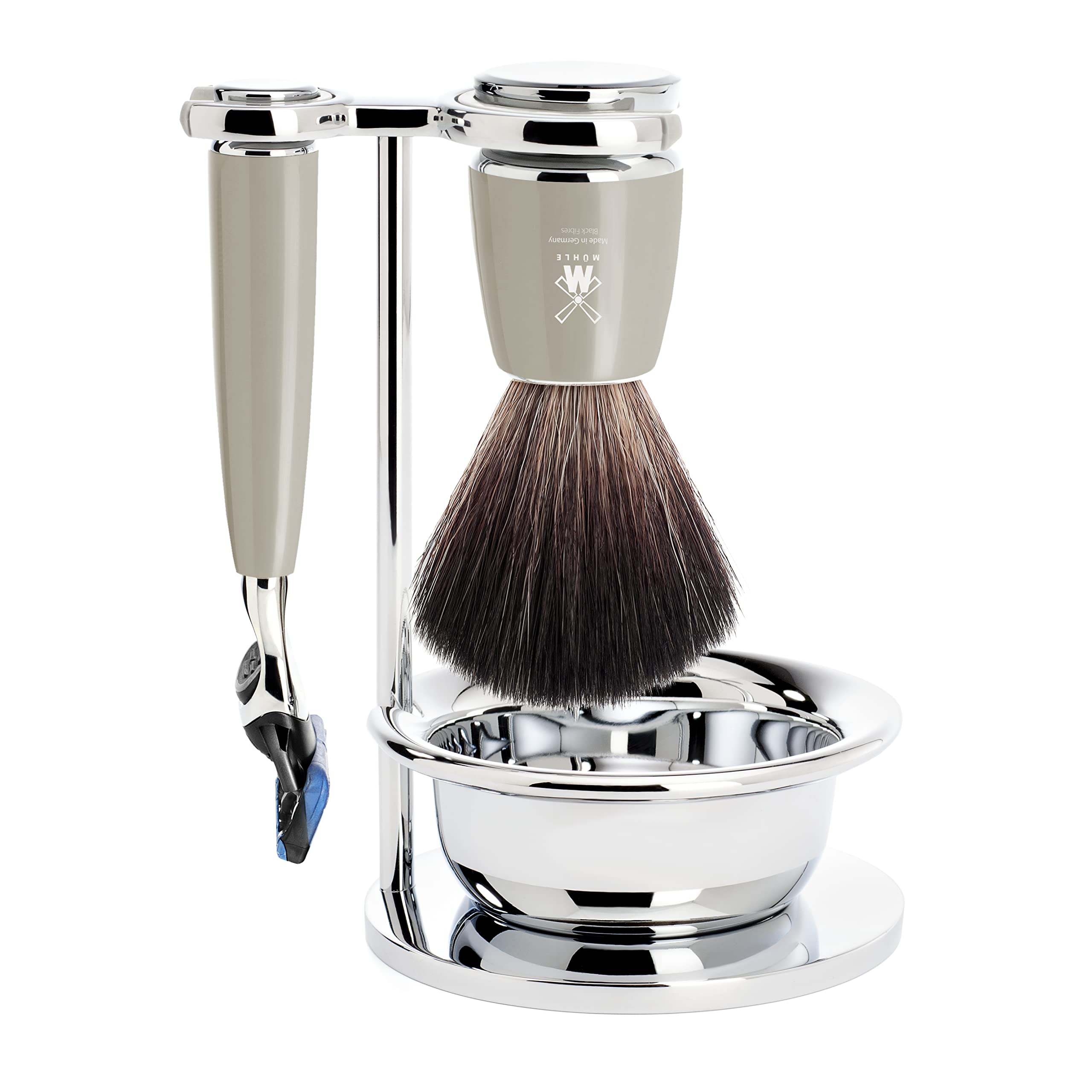 MÜHLE Rytmo Rasierset - für Gillette-Klingen, Black Fibre Pinsel, Halterung mit Schale - Edelharz Griff, melange beige - vegan