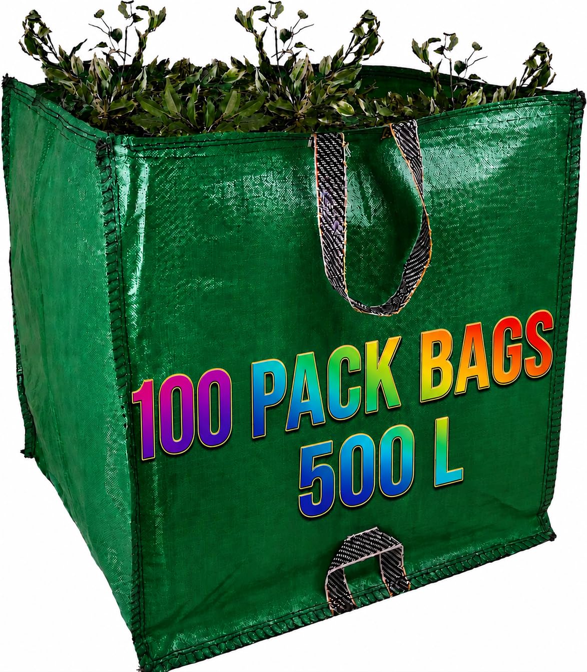 500L Jumbo Garden Waste Bags Heavy Duty – Premium Reusable Garden Sacks with Reinforced Industrial Handles – Large Green Waste Bags for Leaves, Grass, Branches, Rubble & Landscaping Waste (100)