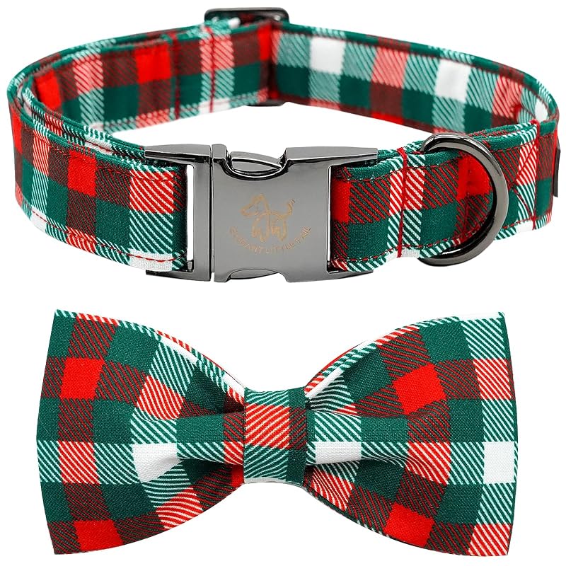 Coleira para cães com laço xadrez de algodão Elegant little tail Verde e Vermelho, tamanho Pequeno
