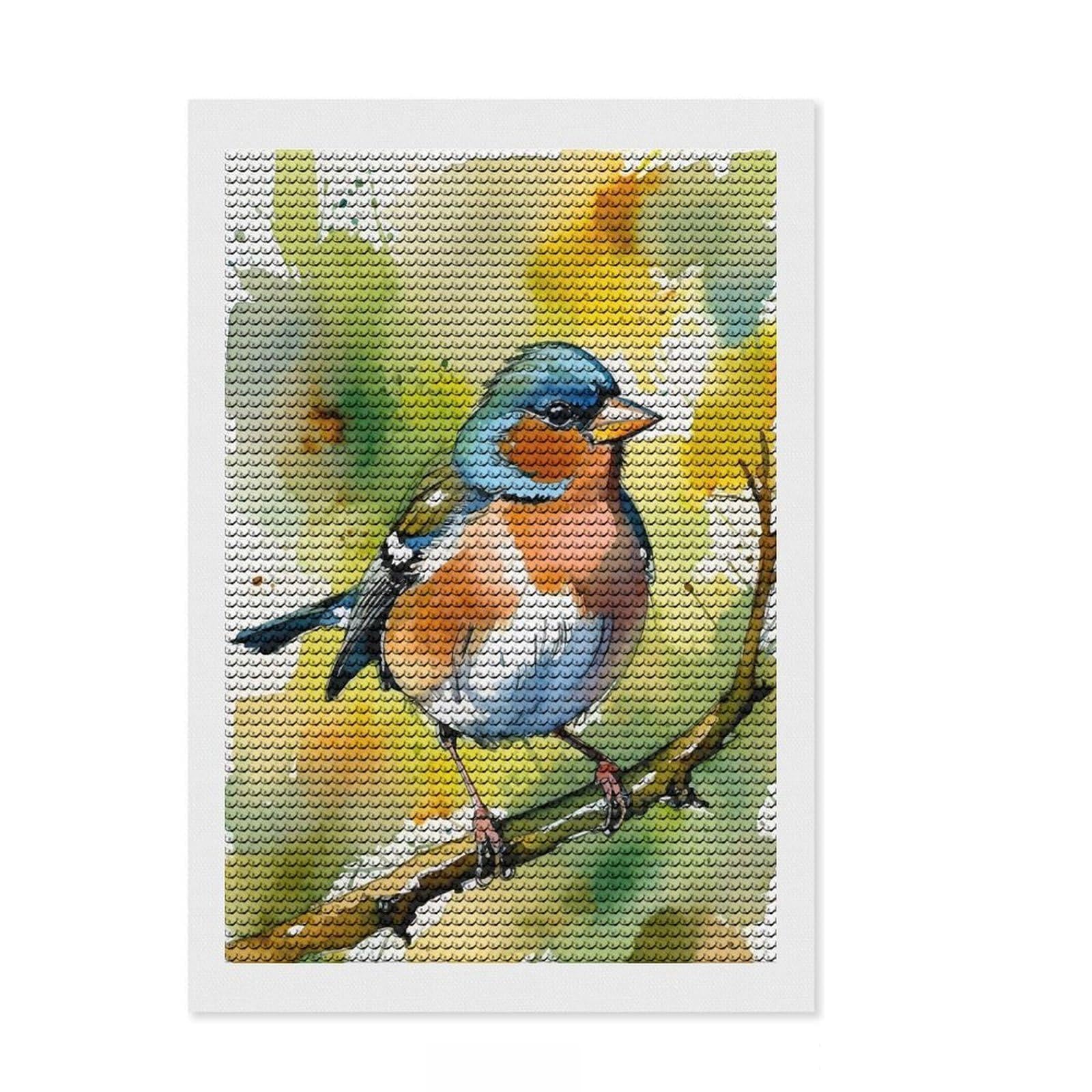 Junmoney Watercolor Chaffinch Bird on Branch Round Drill Diamond Painting 8"x12", Full Kit Included, Stress Relief Craft, Home Wall Art, Aesthetic Room Decor