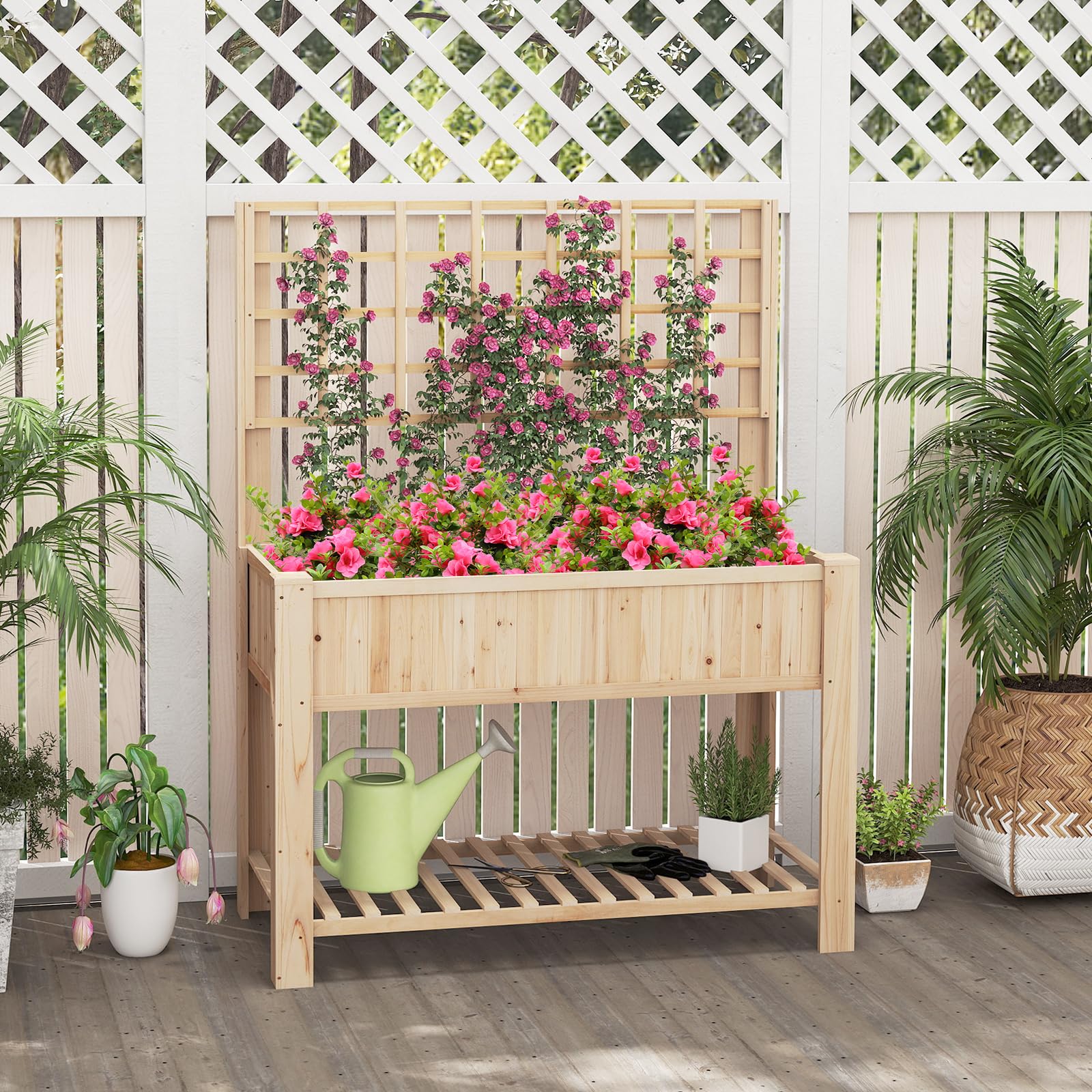 COSTWAY Letto da Giardino Rialzato, Fioriera Elevata con Traliccio, Mensola di Stoccaggio e Fori di Drenaggio, Orto Rialzato per Cortile, Giardino e Patio, 116 x 59 x 150 cm (Naturale)
