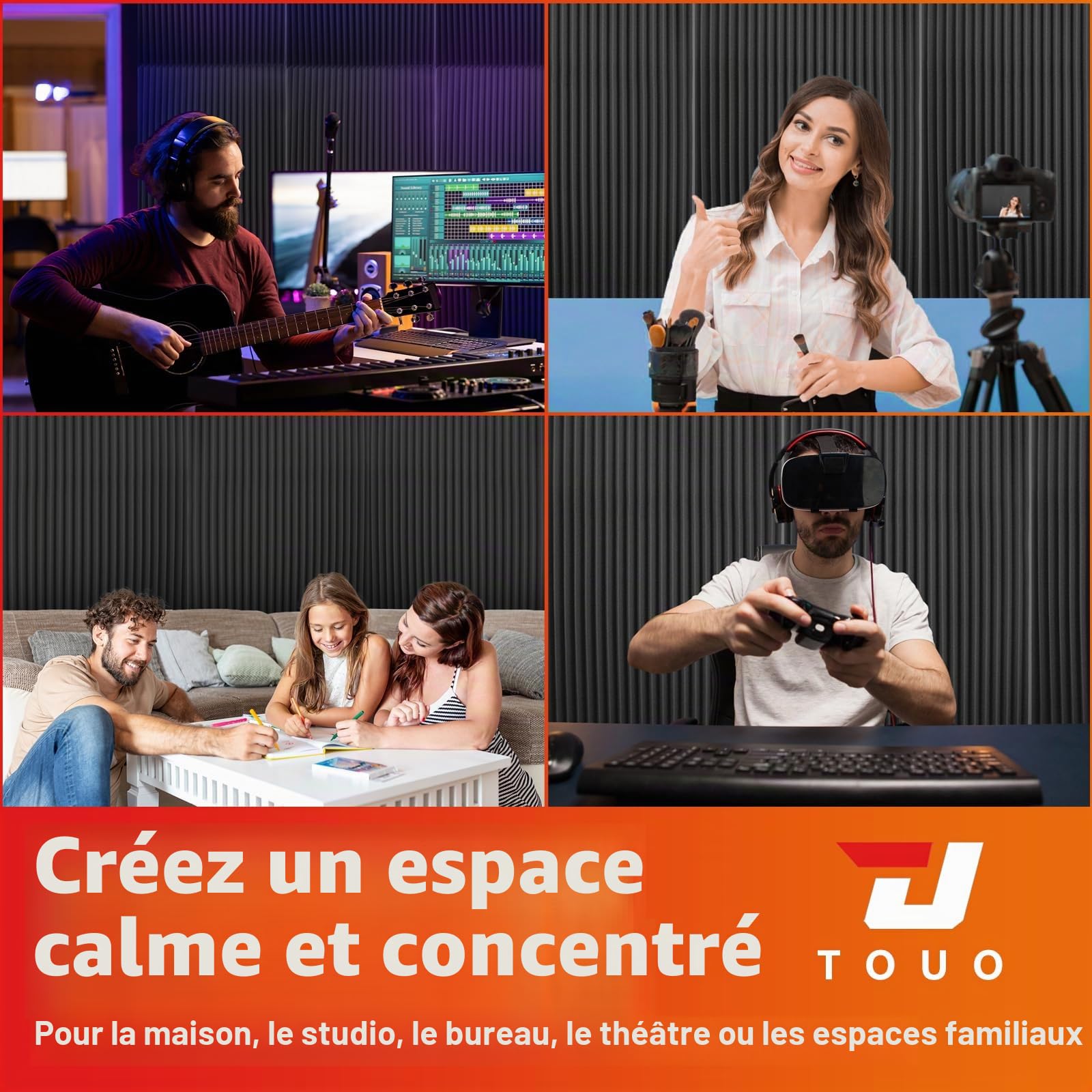 Lot de 4 panneaux acoustiques en mousse - 120 x 60 x 5 cm - Panneaux insonorisants en mousse haute densité et ignifuges pour studio, bureau, home cinéma, contrôle du bruit et de l'écho