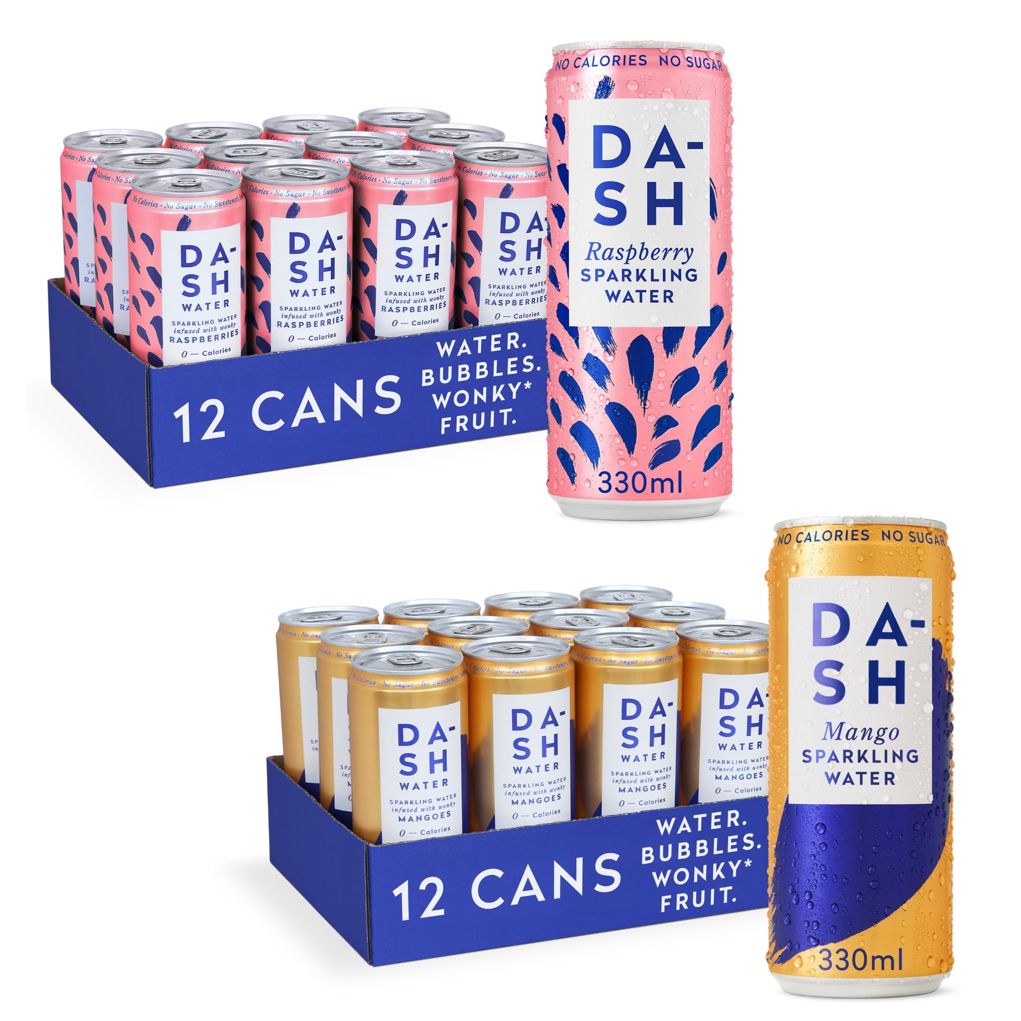 Raspberry & Mango - 24 x Flavoured Sparkling Spring Water NO Sugar, NO Sweetener, NO Calories - Infused with Wonky Fruit (12 Raspberry & 12 Mango x 330ml cans)