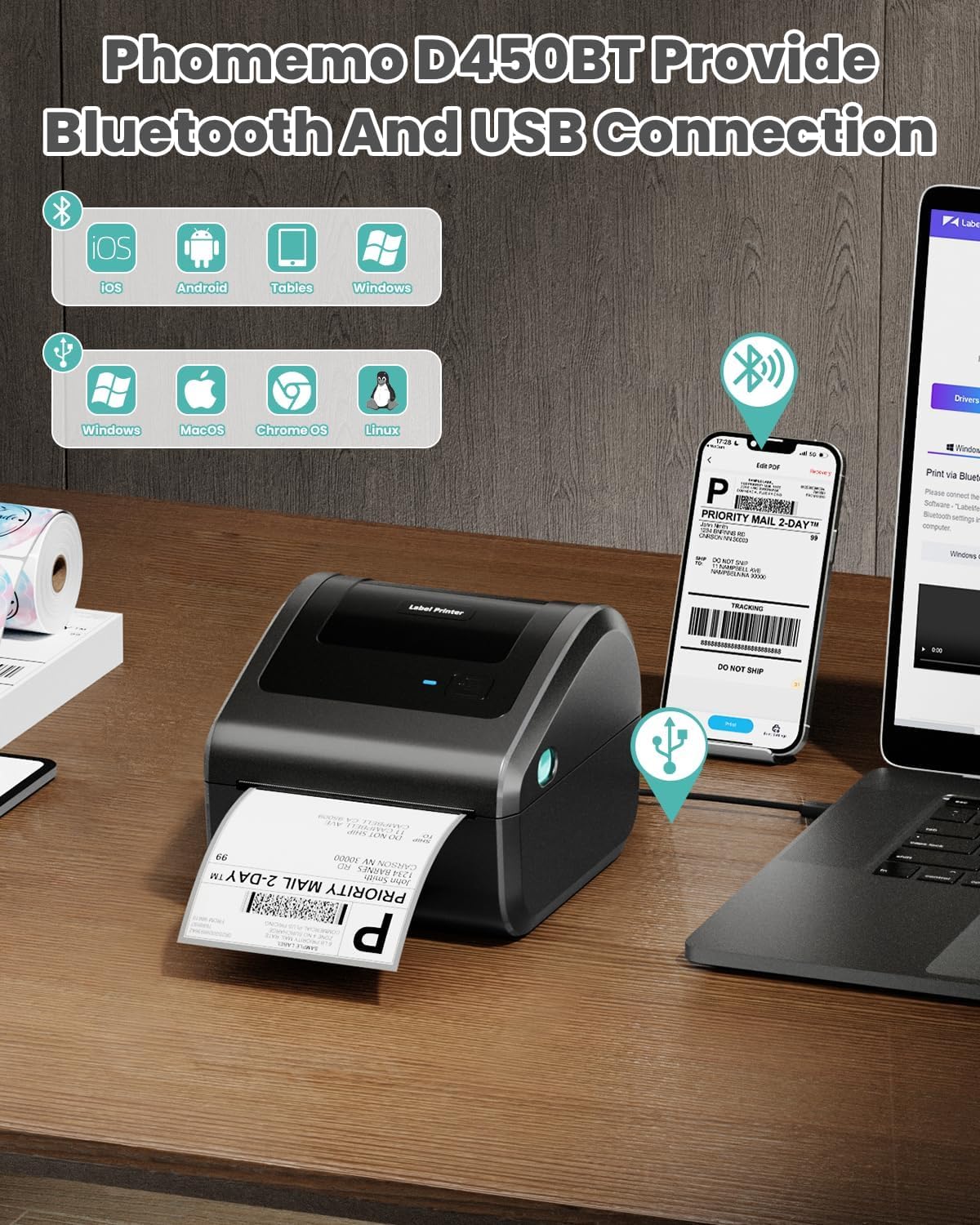 Phomemo Bluetooth Etikettendrucker DHL, D450BT Versandetiketten Drucker Wird mit 3 Rollen à 250 Etiketten im Format 4 x 6 Zoll, Labeldrucker Kompatibel mit Amazon, DHL, Vinted, Etsy, UPS, FedEx, DPD