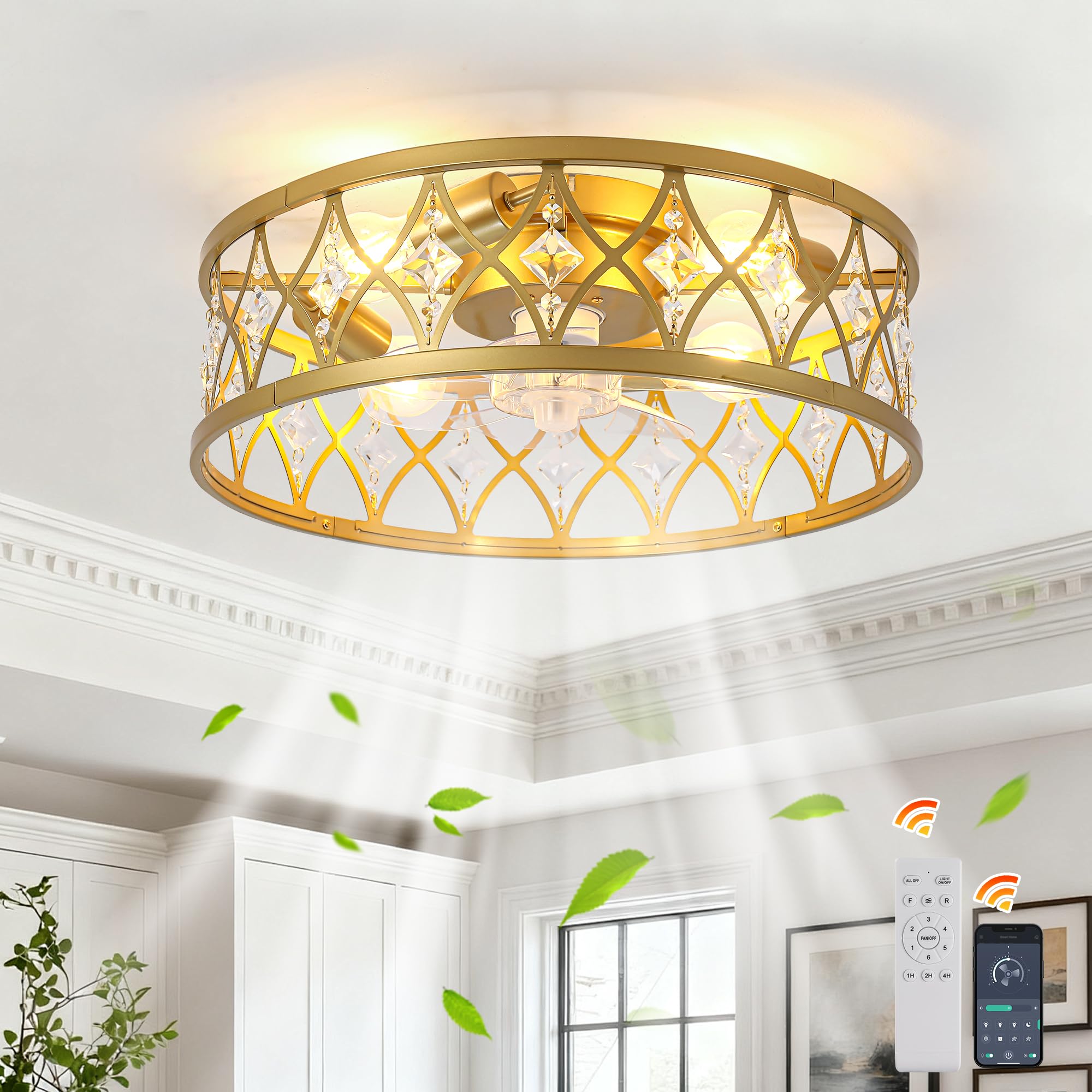 Ganeed Caged Ceiling Fan with Lights and Remote Crystal Style Farmhouse Ceiling Lighting Low Profile Ceiling Flush Mount Lamp E27 with Remote Control Gold Drop 4 Lights — image 1