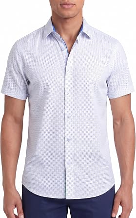 Tom Baine Mens Slim Fit Short Sleeve Shirts Performance Stretch Geometric Button Down Shirt for Men