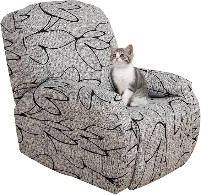 Jaotto Recliner Chair Covers for Electric Chair 4-Pieces, Stretch Recliner Chair Slipcover for Armchairs With Side Pocket, Non-Slip Soft Strech Recliner Sofa Covers 1 Seater,Grey Flower