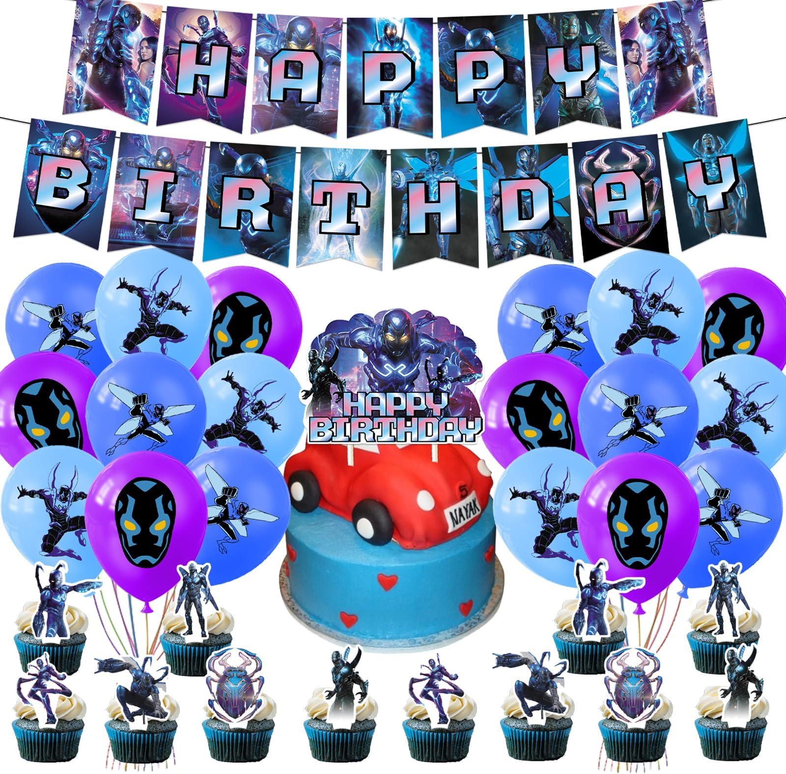 Blue Beetle Birthday Party Decoration, Include Beetle Superhero Theme Birthday Banner, Cake Topper, Latex Balloons, for Jaime Reyes Theme Fans, Kids Birthday Party Supplies, Baby Shower