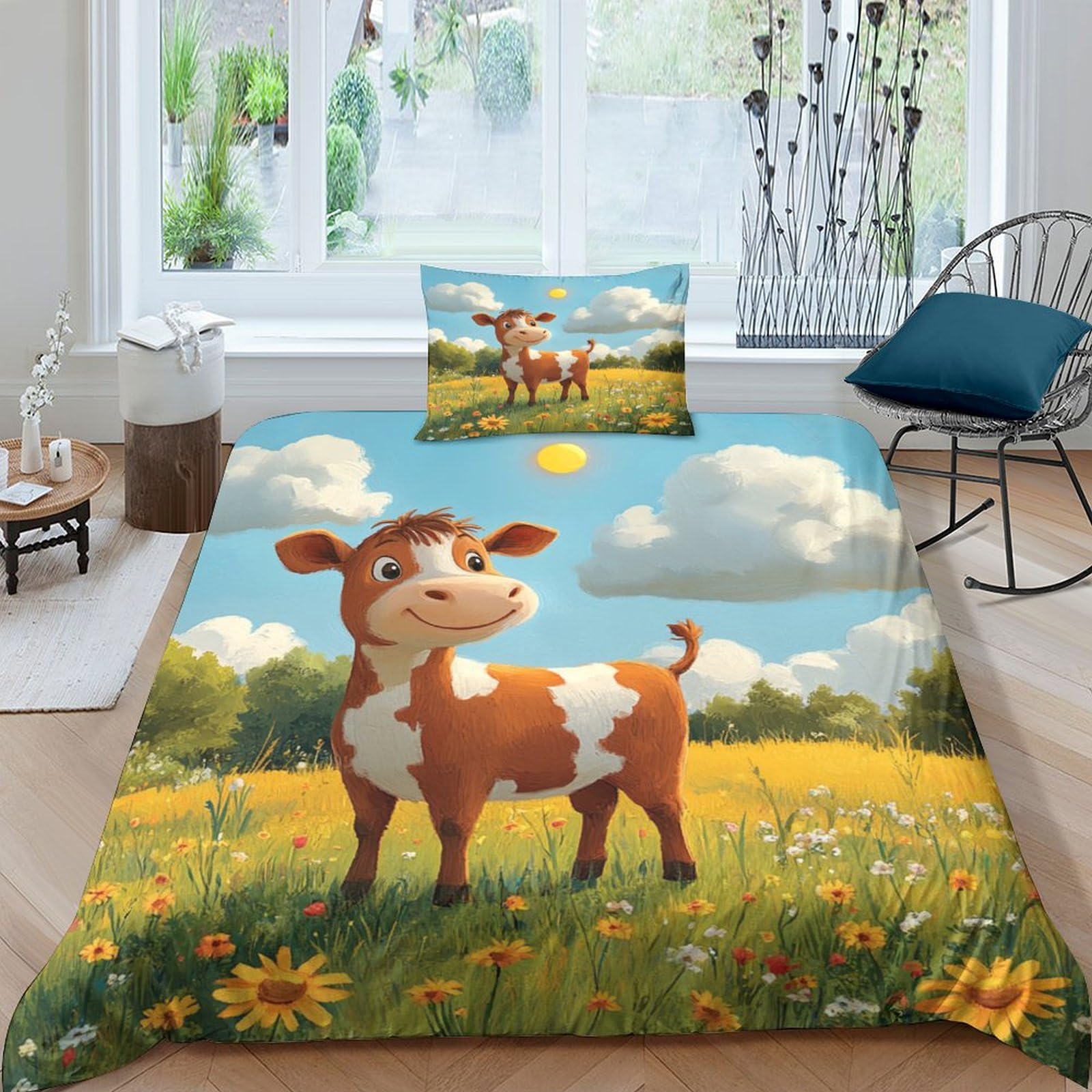 RNDKAUUIE Cute Little Cow 2 Pieces 3D Print Duvet Cover Sets Floral Print Cute Cow Comforter Cover Bedding Set For Kids Youth Adult Quilt Cover Decor Room with Pillowcase Single（135x200cm）