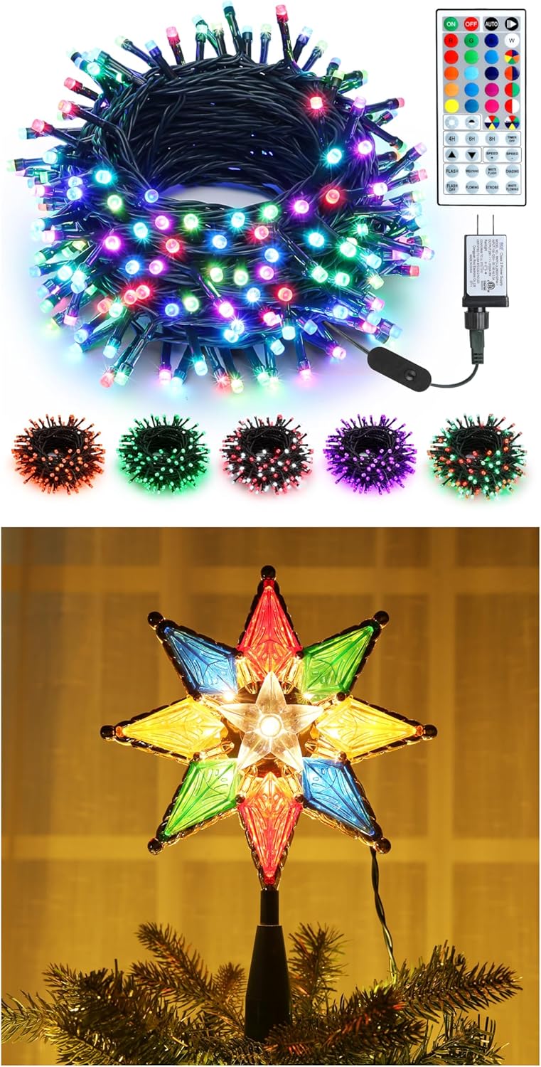 Brizled (Bundles) 200 LED RGB Color Changing Christmas Lights + 8-Point Multi Color Star Xmas Tree Topper for Christmas Tree Party Home Indoor Outdoor Decorations