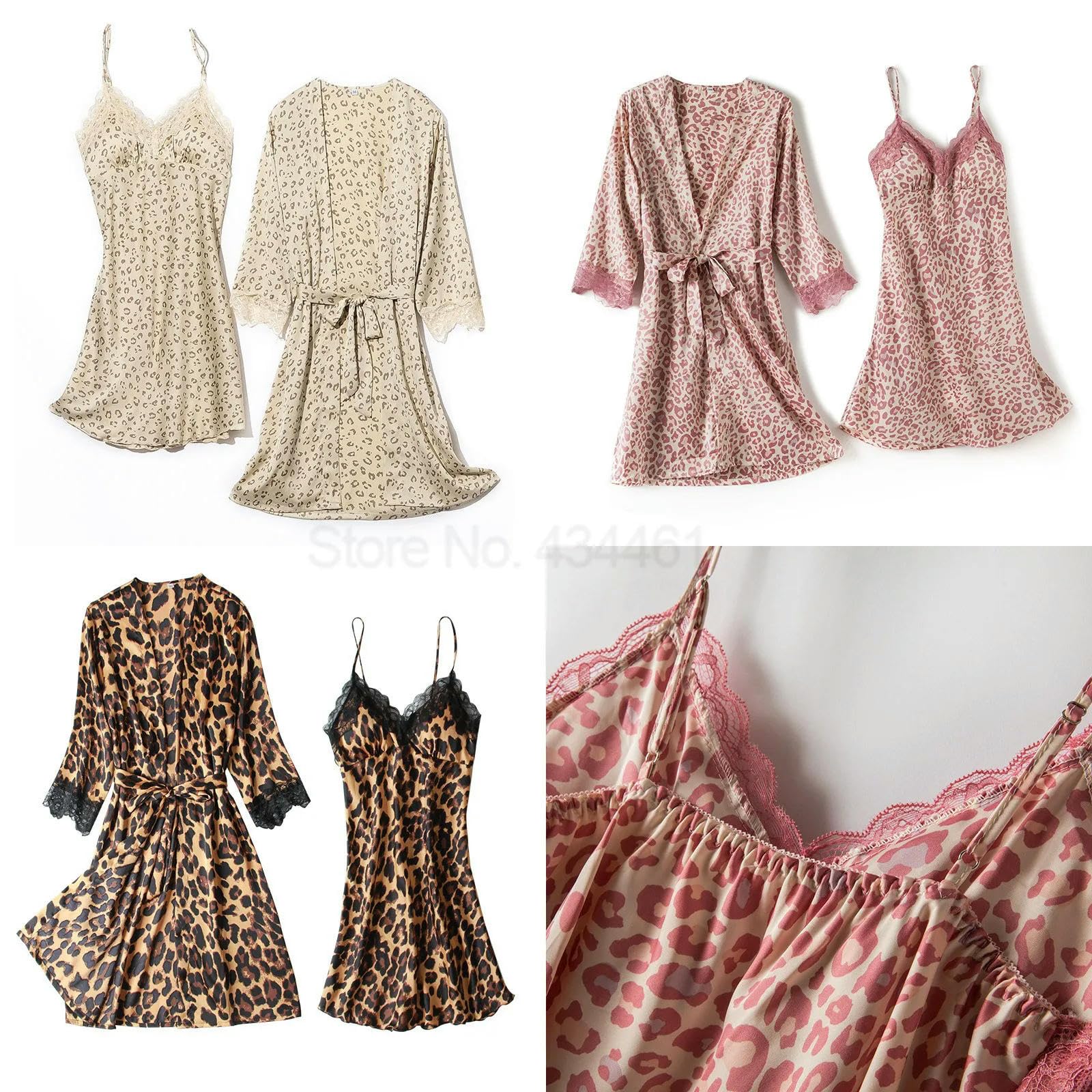 Camicia da Notte Donna Abito da Bagno in Pizzo Satinato da Donna Notturna 2 Pezzi di Veste Leoparda Set da Camicino da Camicia da Camicia E Abito da Un Accappatoio