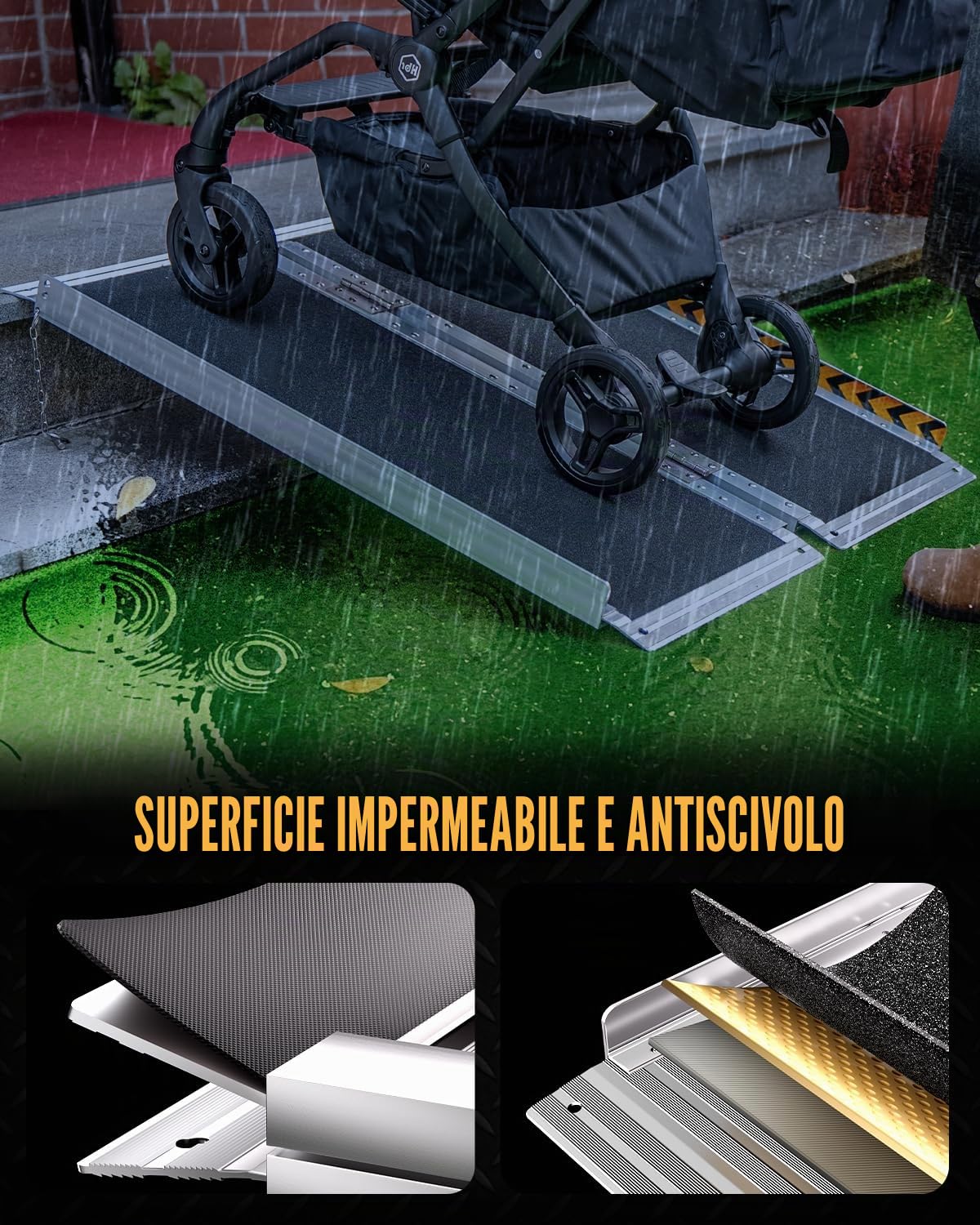 Rampa per Sedia a Rotelle 91CM, Capacità 363KG, Rampa Disabili Pieghevole Antiscivolo in Alluminio con Superficie in Carborundum per Gradini, Soglie, Cordoli, Scale e Auto