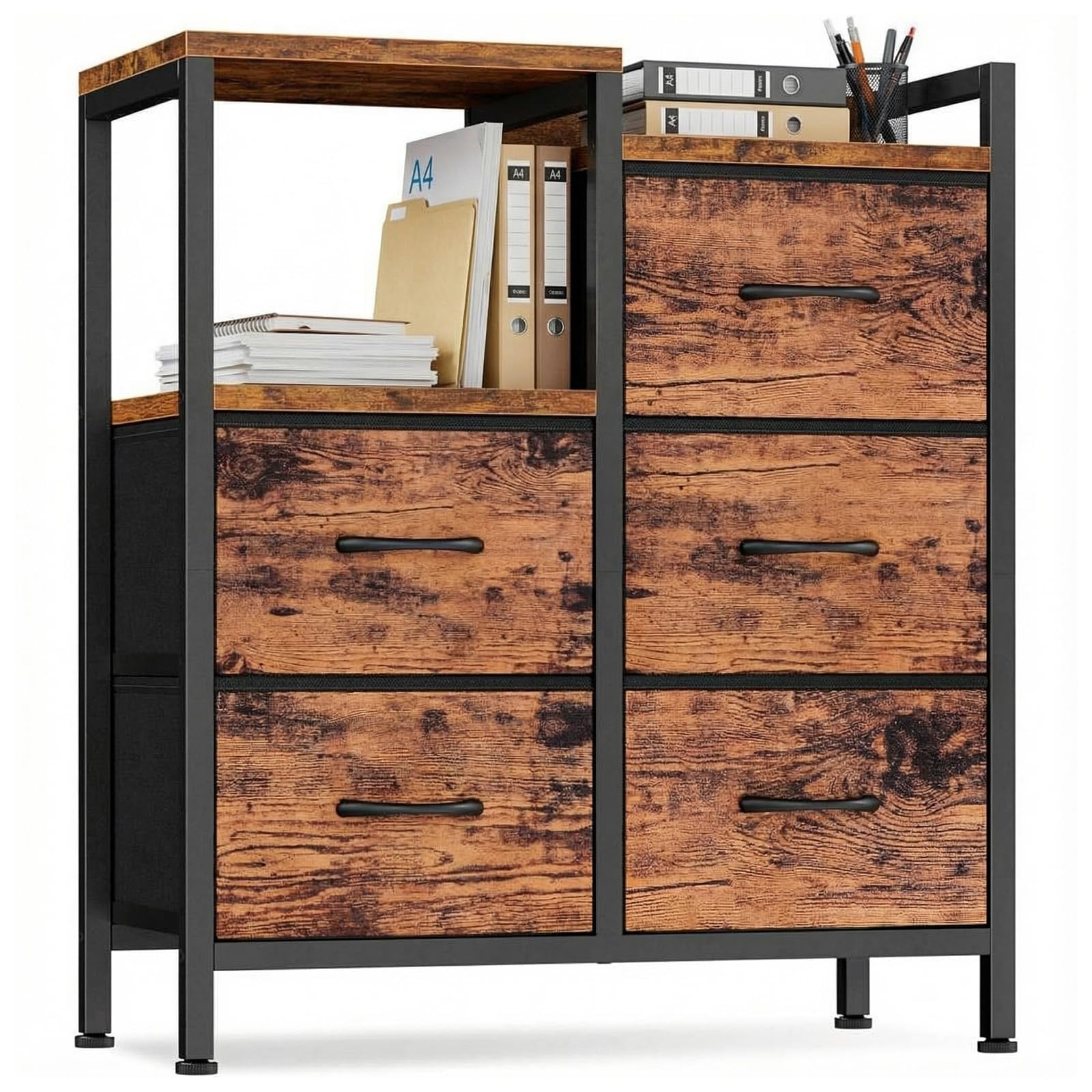 Garvee 5 Schubladen Rollcontainer Aktenschrank Druckerständer Mobil Holz | A4 & Letter Format, Offenes Ablagefach, Vliesstoff-Schübe, 360° Rollen, Bremse, Platzsparender Organizer, Stabiler Rahmen