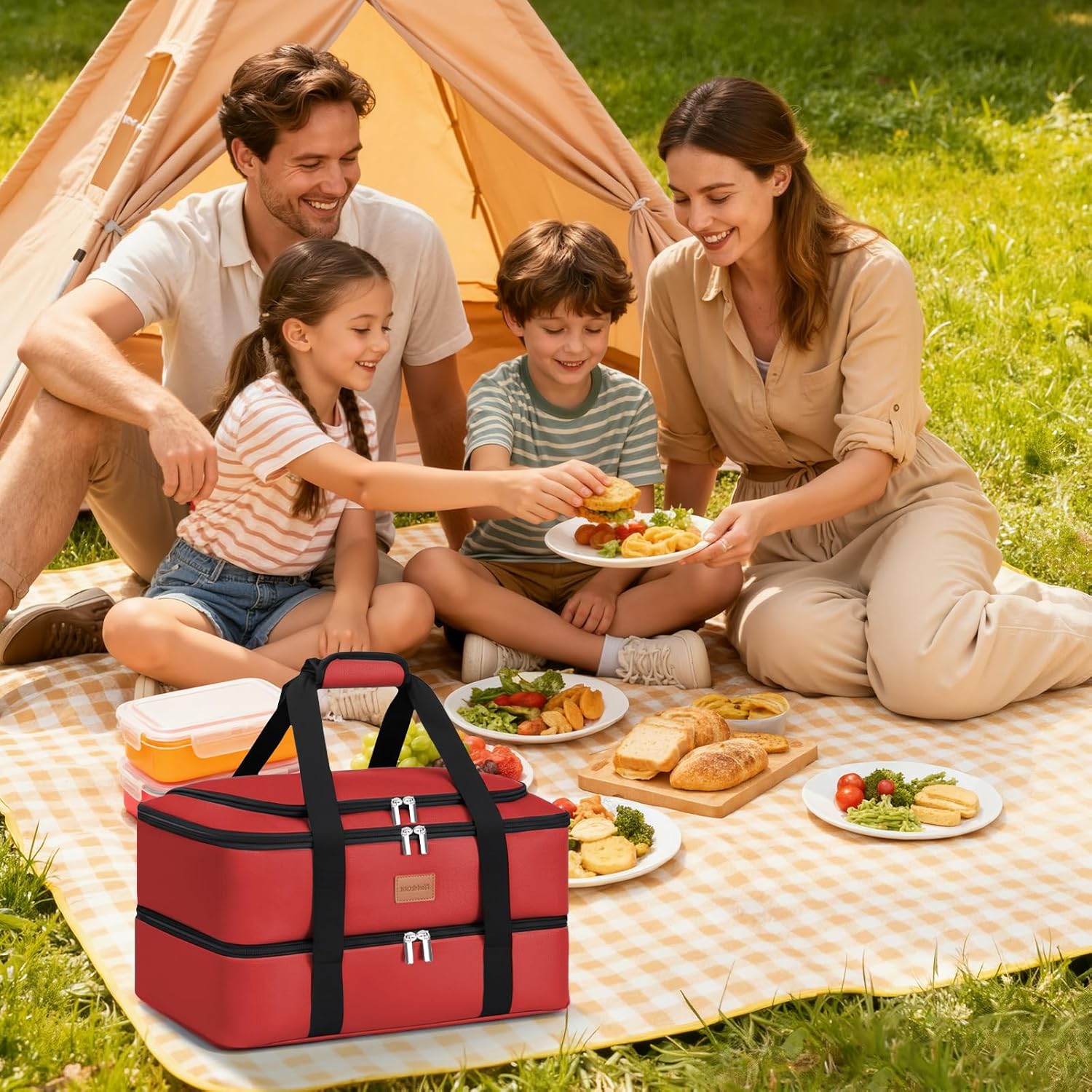 Insulated Casserole Carrier, Double Decker Food Carriers for Hot or Cold Food,Portable Leakproof Thermal Bag for Travel/Potluck Parties/Picnic/Cookouts (Red) - Image 6