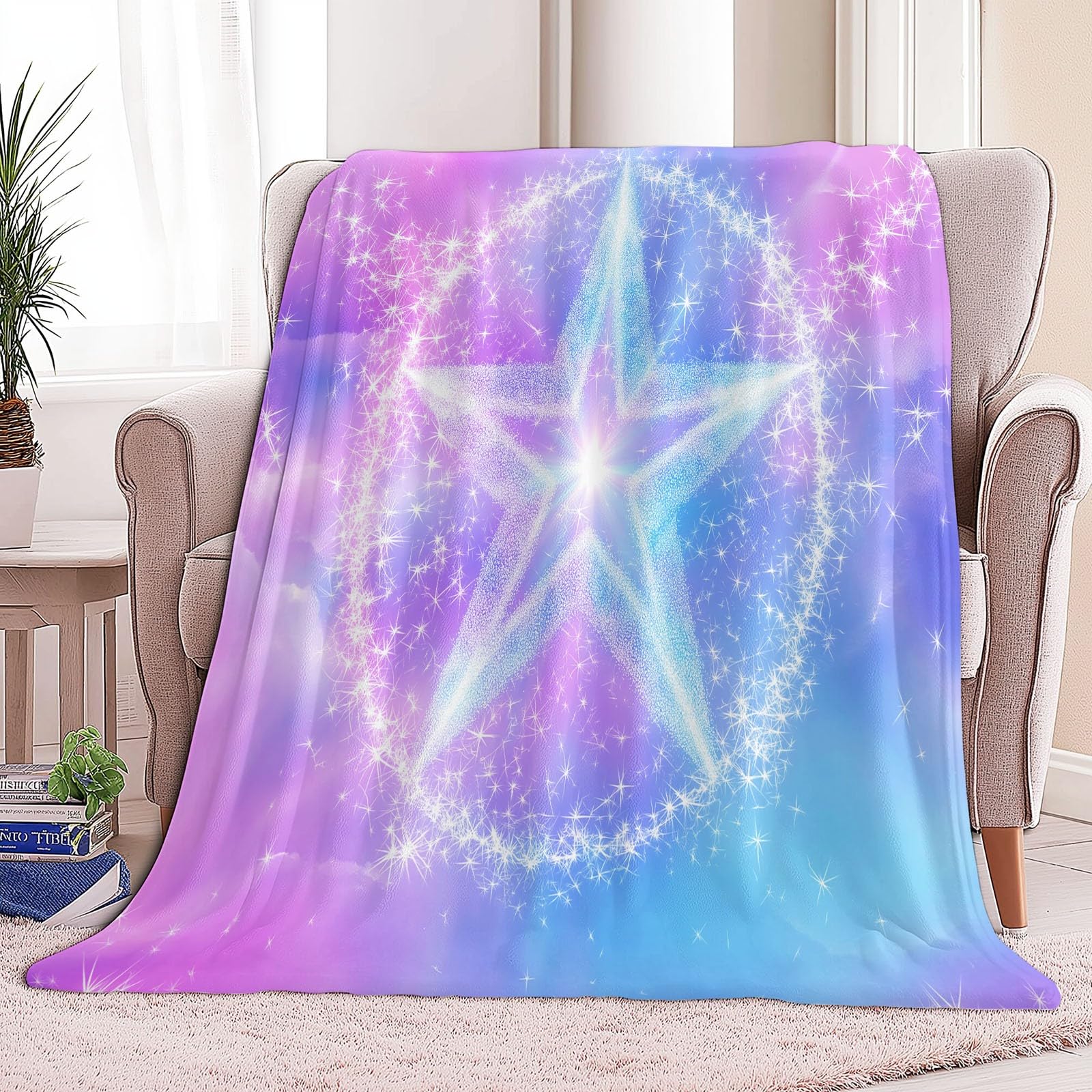 Genérico Akwarelowa Pięcioramienna Gwiazda Koc Flanelowy 220 x 240 cm Koce Sherpa, Wielokolorowe Super Puszyste Wełniane Koce Dorosłych I Dzieci Miękki Ciepły Koc Łóżko