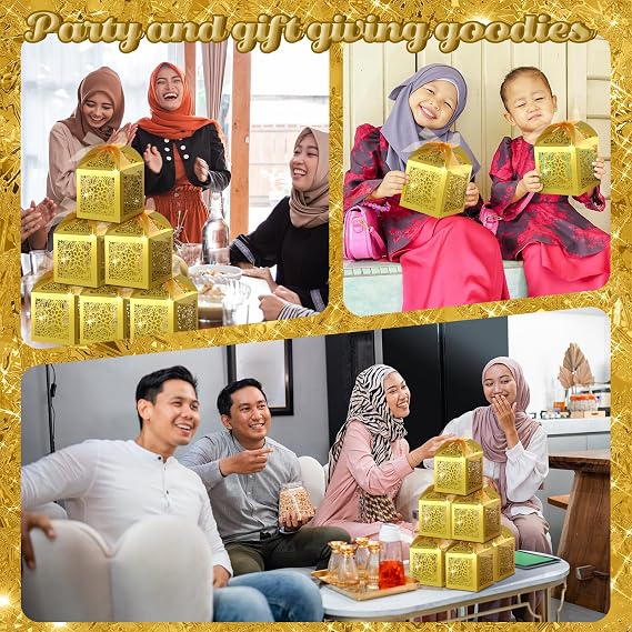 ReliThick 50 Pcs Ramadan Eid Mubarak Candy Box Set Ramadan Gift Boxes with Ribbons Muslim Party Favor Boxes Paper Thank You Gift Box for Eid Islamic Party Birthday Decorations(Star)