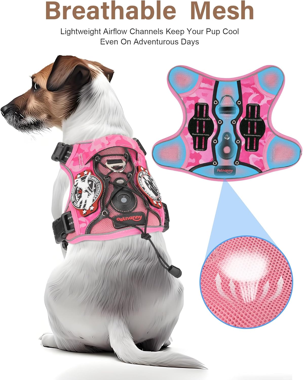PETNANNY Tactical Dog Harness, No Pull Vest with Reflective Strips, Breathable Air Mesh, Adjustable Comfort Fit for Outdoor Training, Running, Hiking(Pink Camo,M)